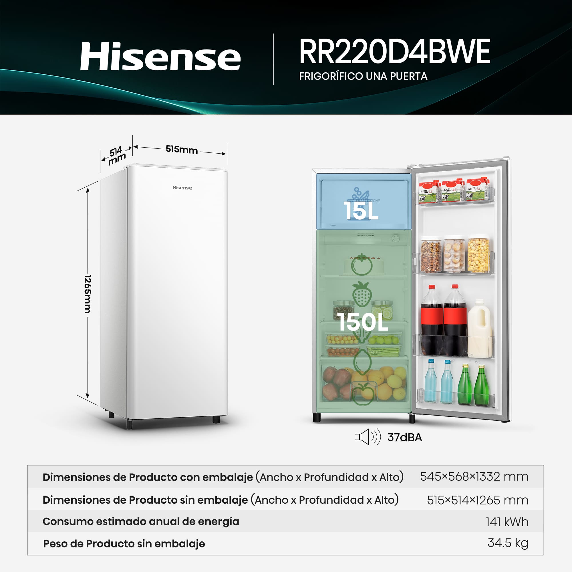 Hisense - RR220D4BWE – Frigorífico 1 Puerta De Libre Instalación, Clase E, Capacidad 165L, Color Blanco