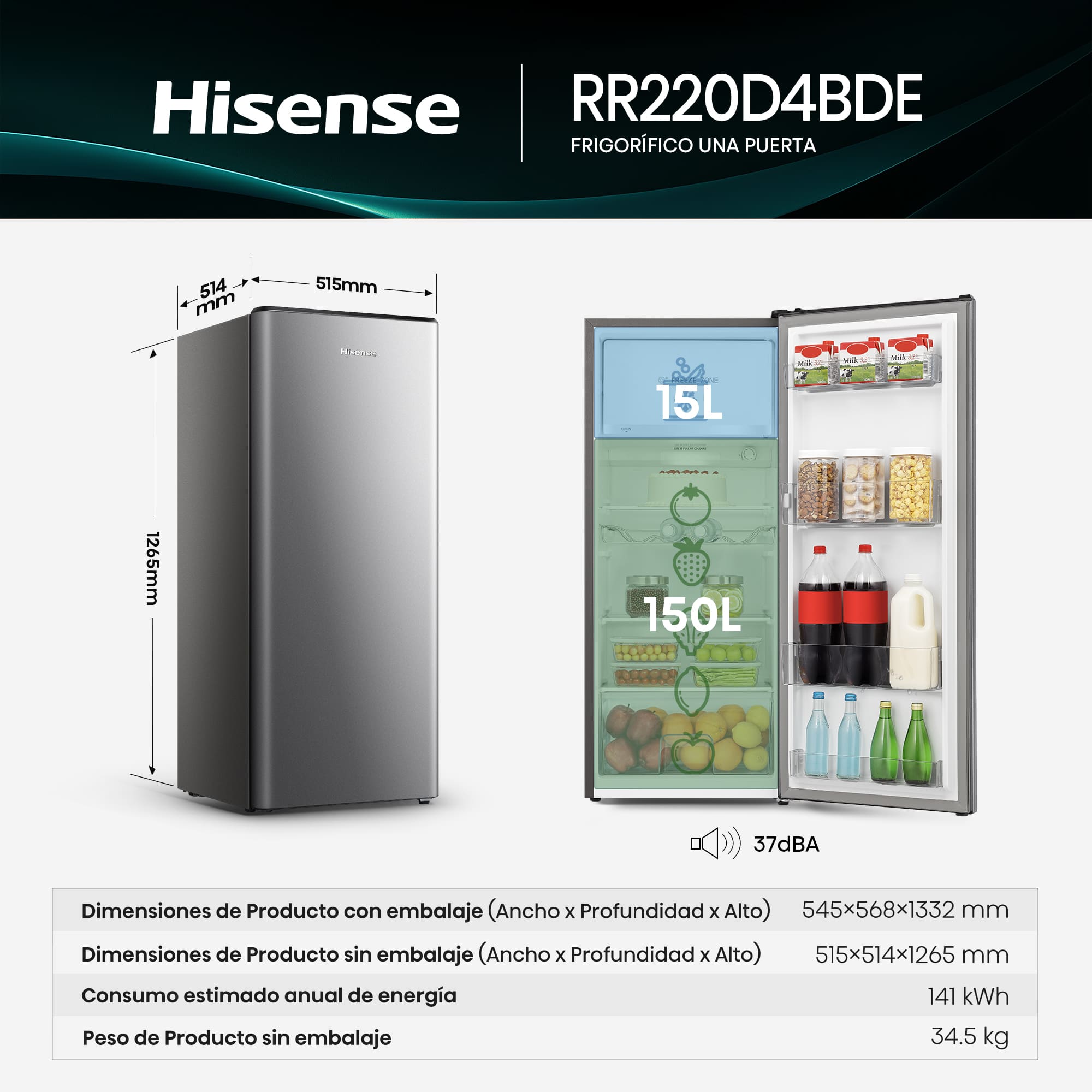 Hisense - RR220D4BDE – 1 Puerta De Libre Instalación, Clase E, Capacidad 165L, Color Inox