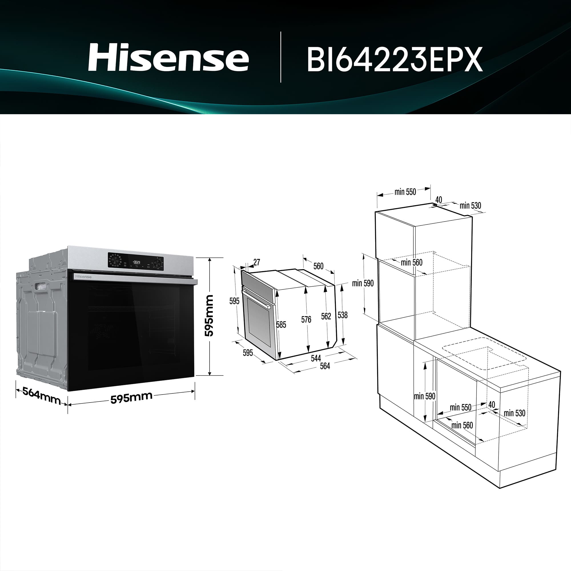Hisense - BI64223EPX – Horno Pirolítico, Clase A++, Capacidad 78L, Color Inox