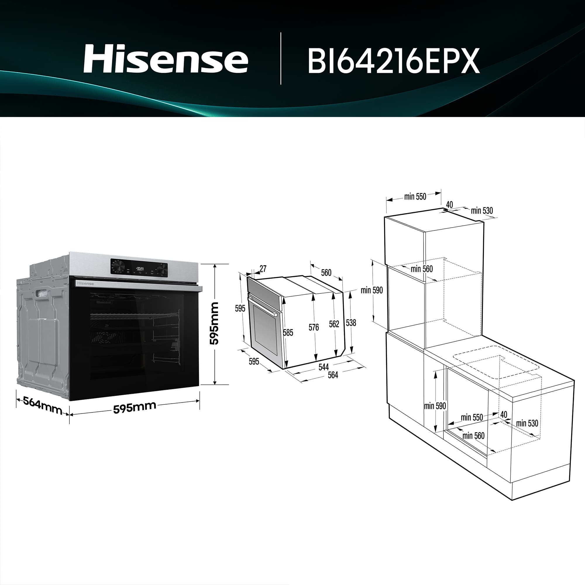 Hisense - BI64216EPX – Horno Pirolítico, Clase A++, Capacidad 78L, Color Inox