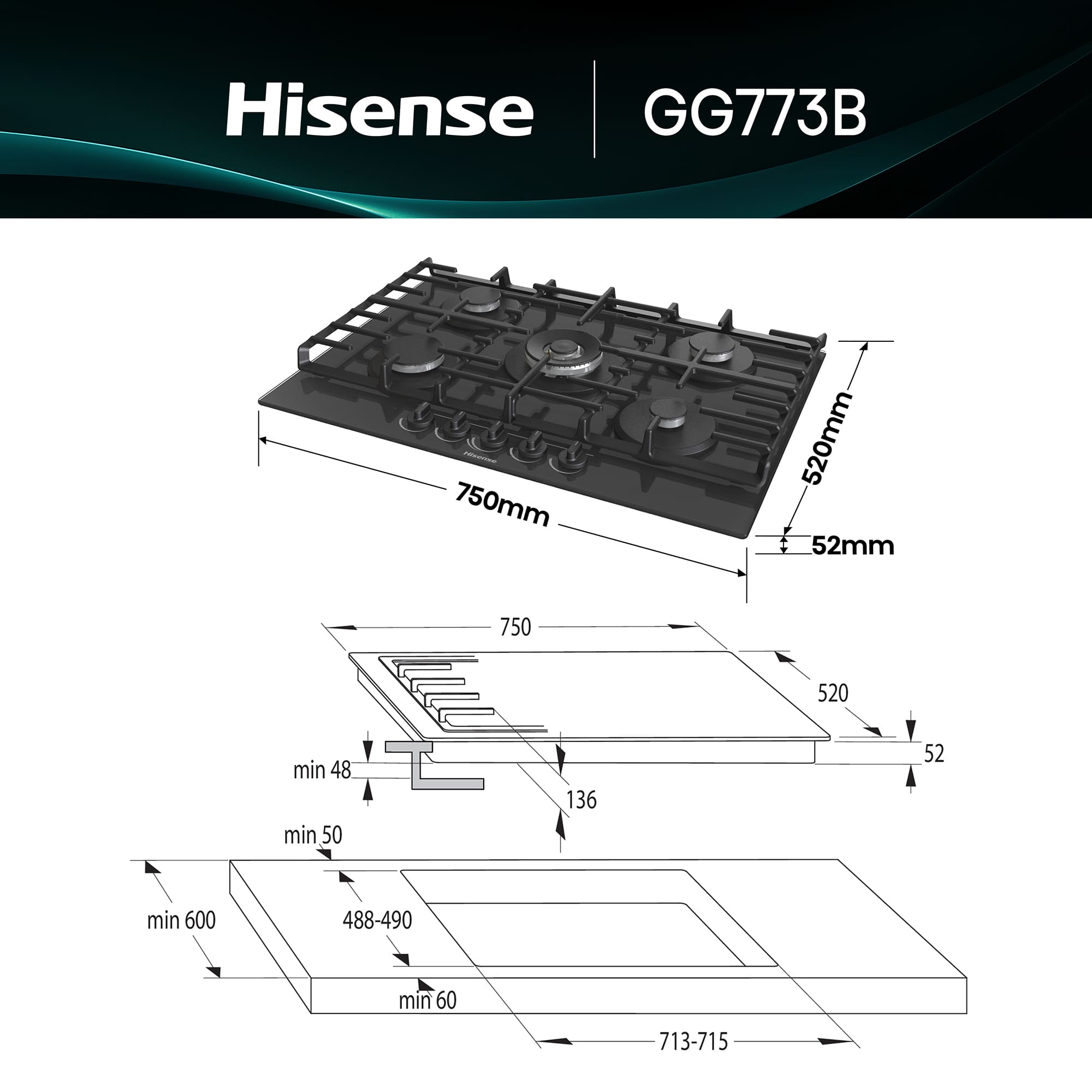 Hisense - GG773B – Placa Gas, 5 Zonas, Potencia 1000W, Color Cristal Negro