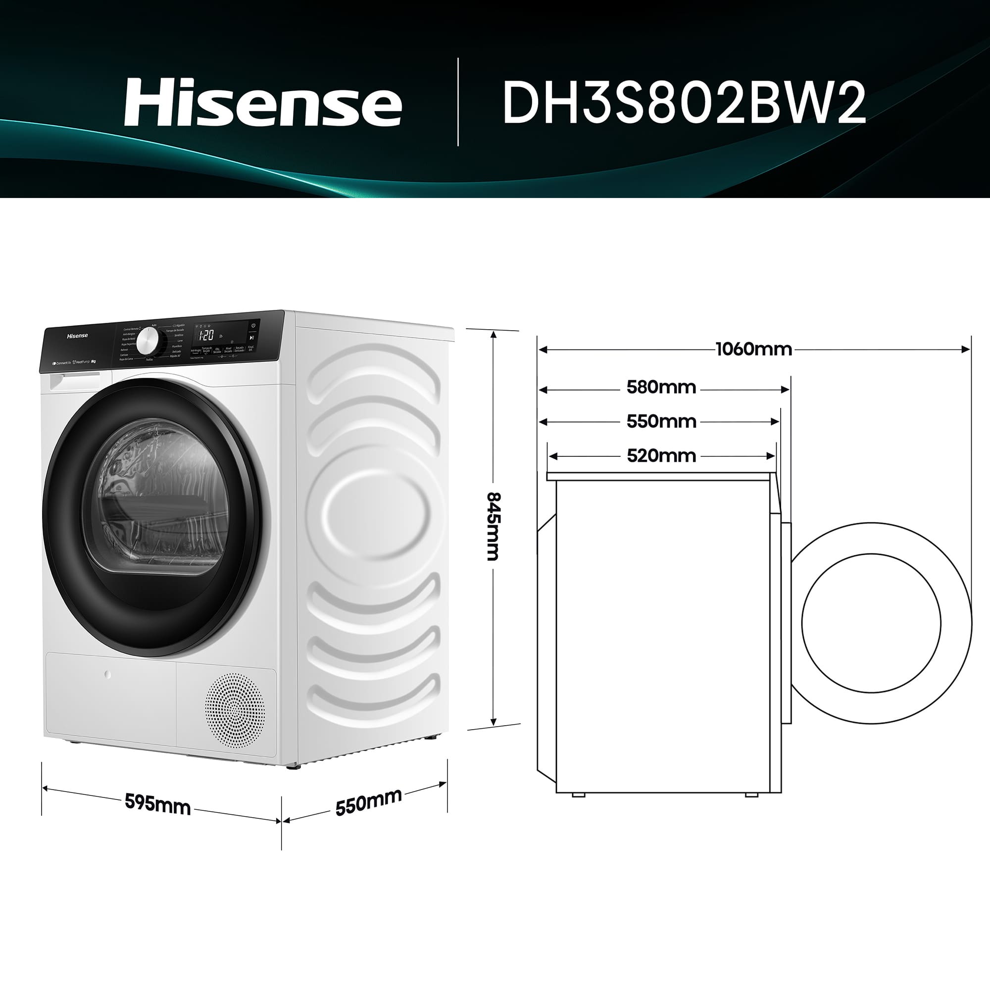 Hisense - DH3S802BW2 – Secadora De Libre Instalación, Clase D, Capacidad 8Kg, Color Blanco