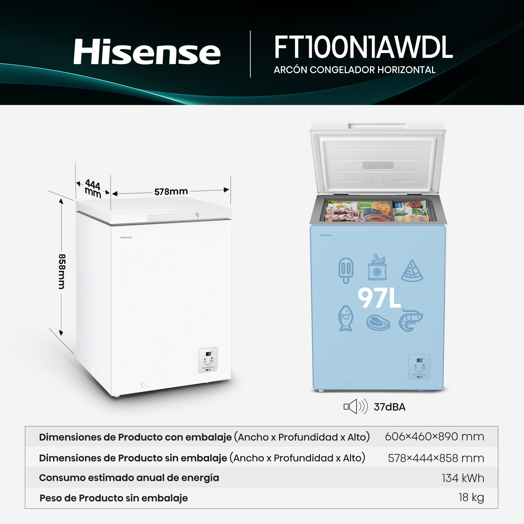 Hisense - FT100N1AWDL – Arcón Congelador, Clase D, Capacidad 97L, Color Blanco