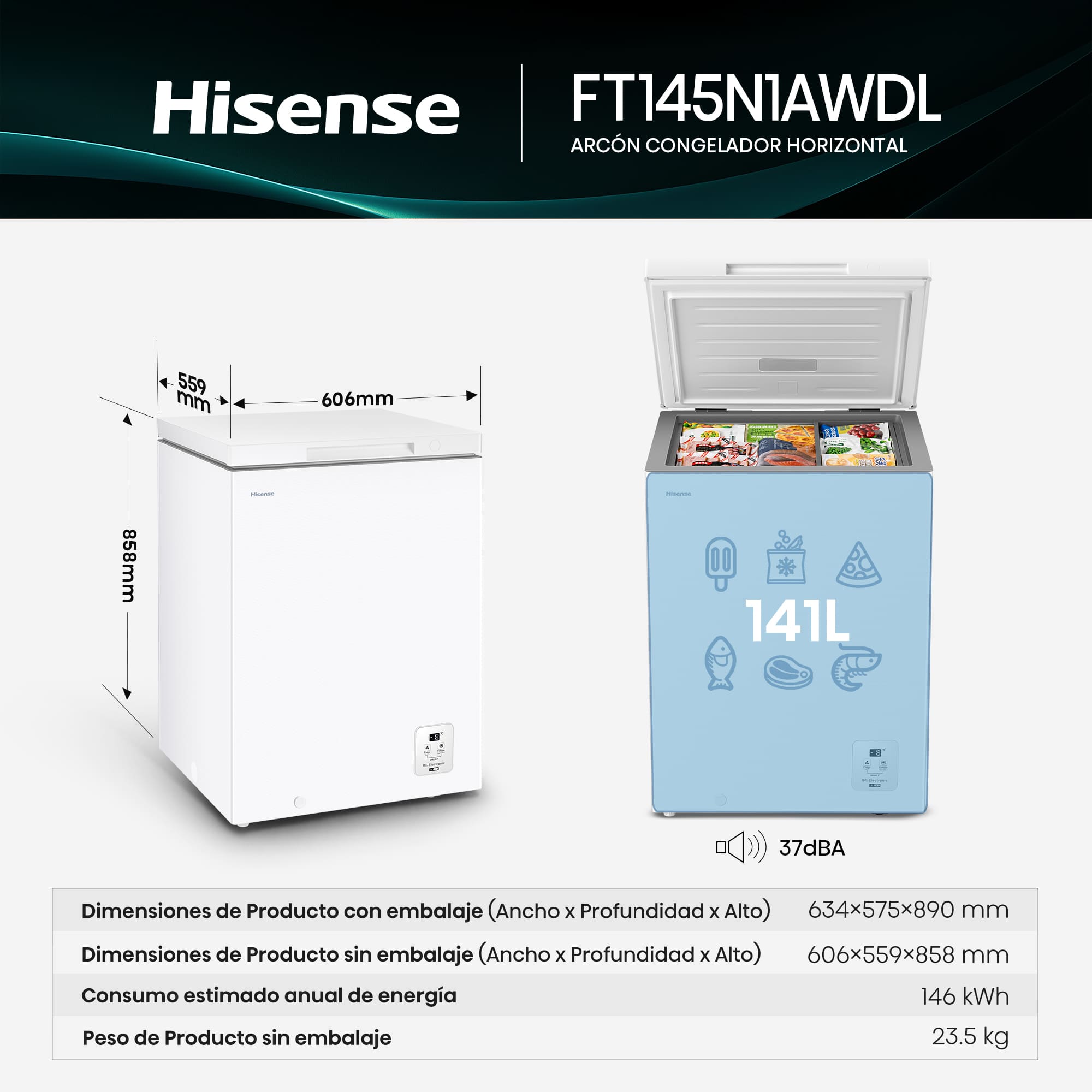 Hisense - FT145N1AWDL – Arcón Congelador, Clase D, Capacidad 141L, Color Blanco