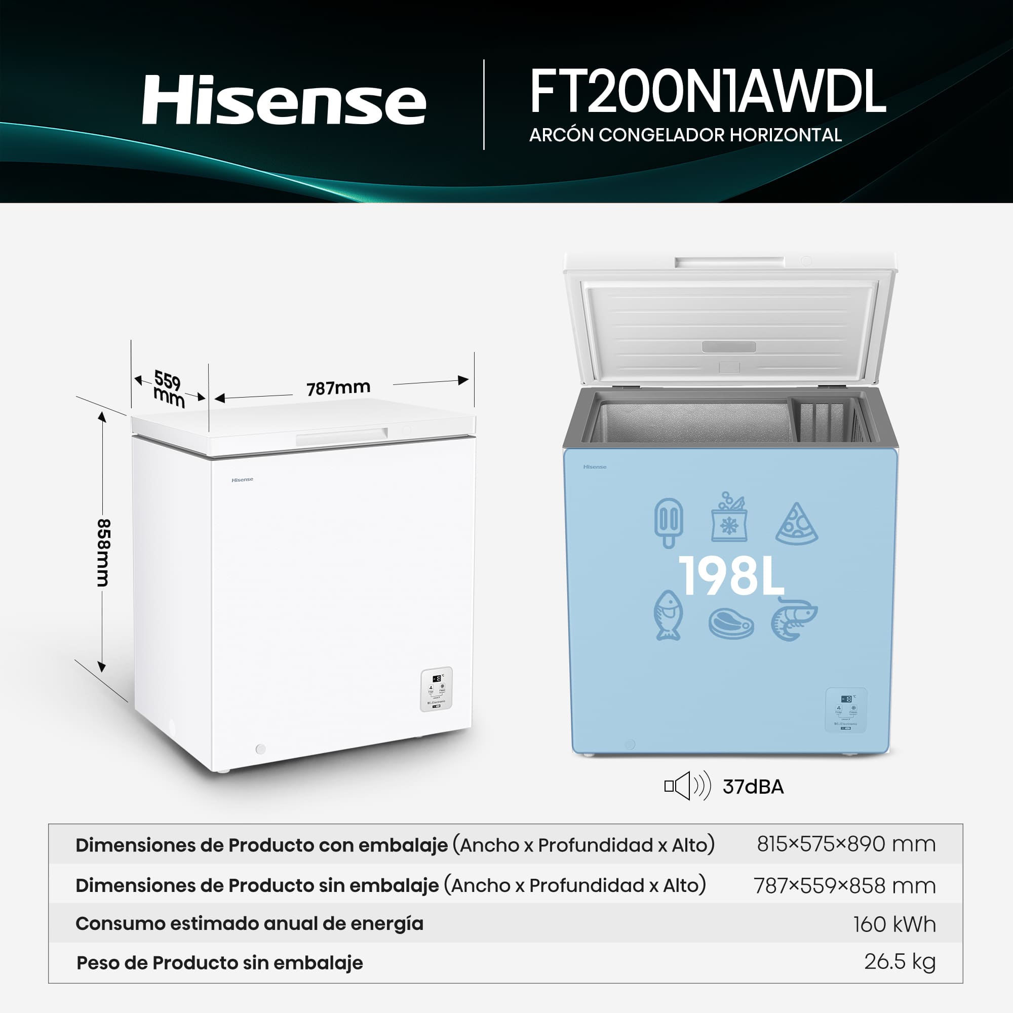 Hisense - FT200N1AWDL – Arcón Congelador, Clase D, Capacidad 198L, Color Blanco