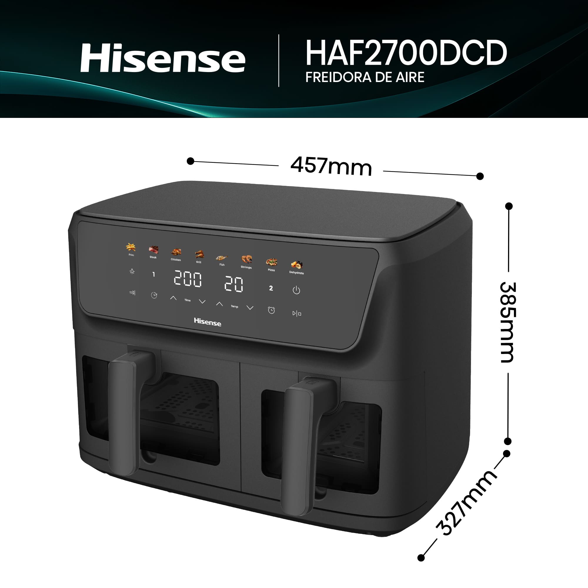 Hisense - Hisense HAF2700DCD Freidora de Aire Doble Cesta 11 L