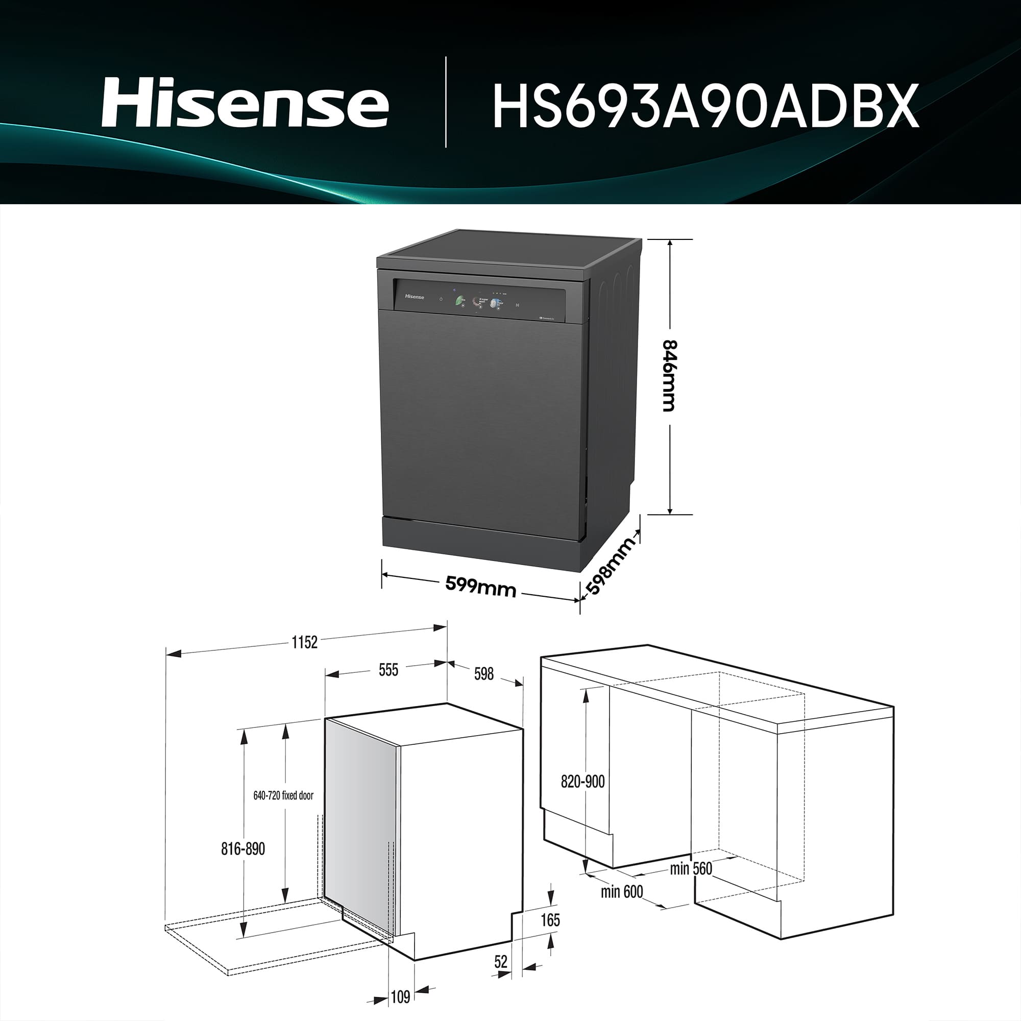Hisense - HS693A90ADBX – Lavavajillas 60Cm De Libre Instalación, Clase A, Capacidad 16 Serv., Color Inox