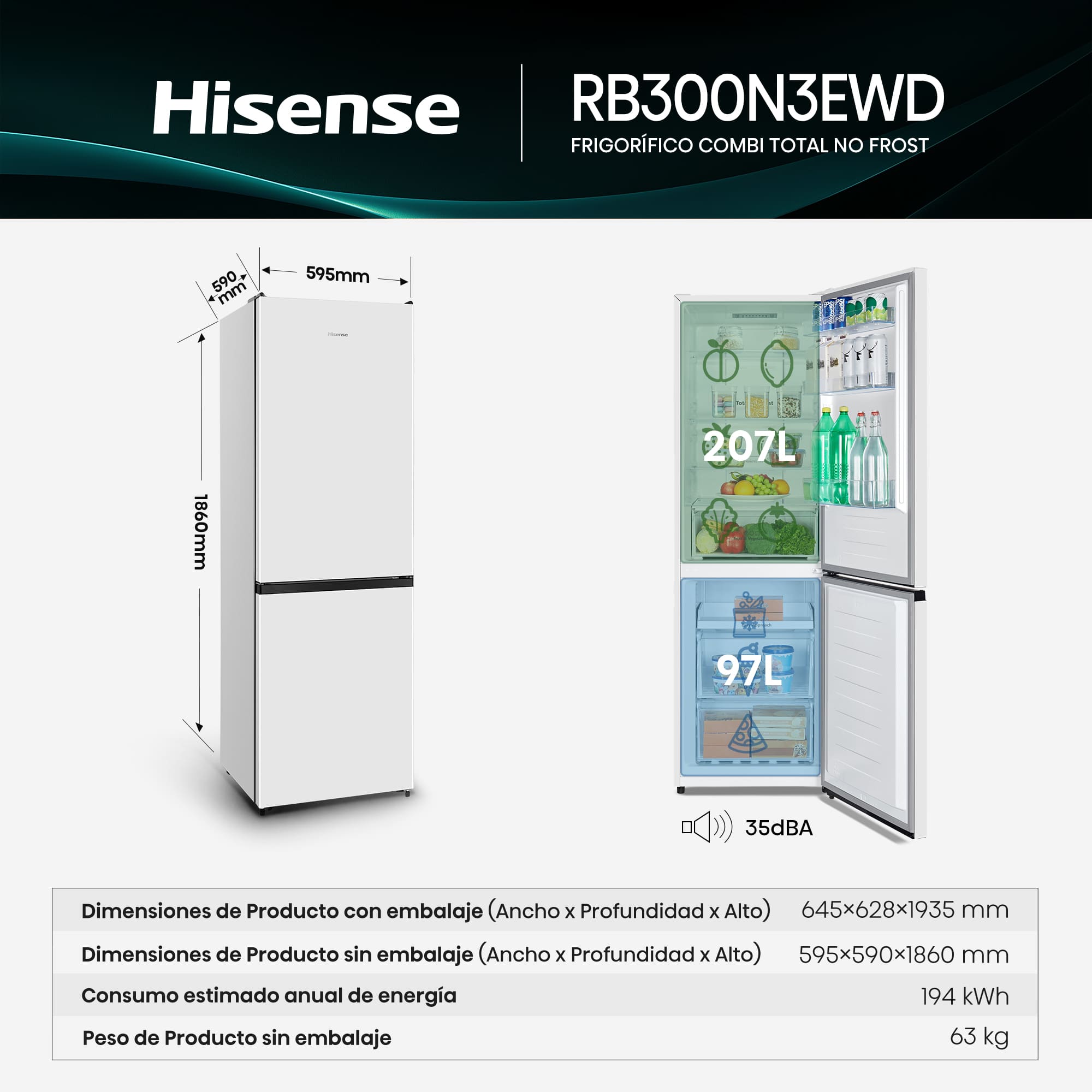 Hisense - RB300N3EWD – Frigorífico Combi 2 Puertas De Libre Instalación, Clase D, Capacidad 304L, Color Blanco