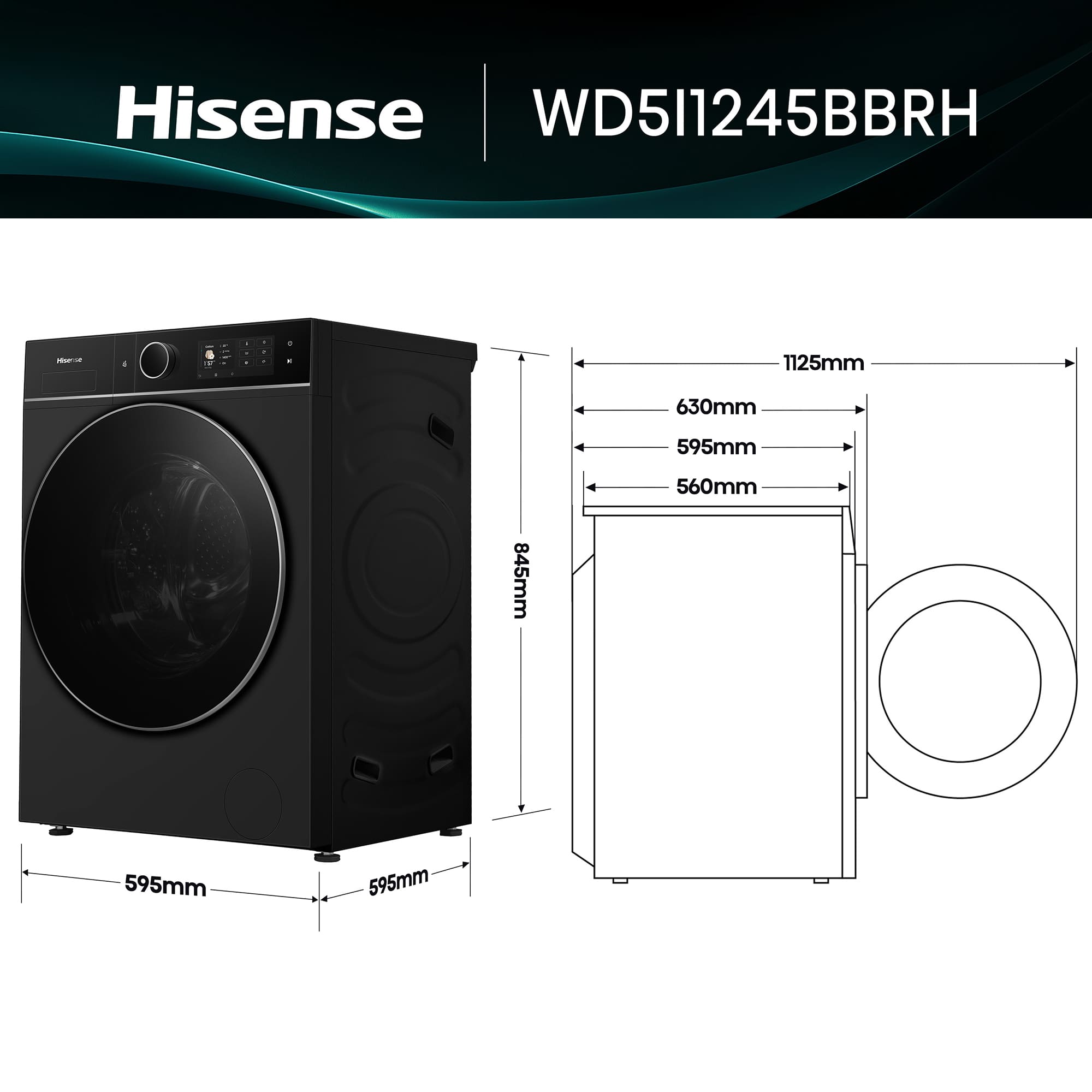 Hisense - WD5I1245BBRH – Lavasecadora De Libre Instalación Kitchen Fit, Clase A, 12 kg/8 kg, 1400 rpm, Color Negro
