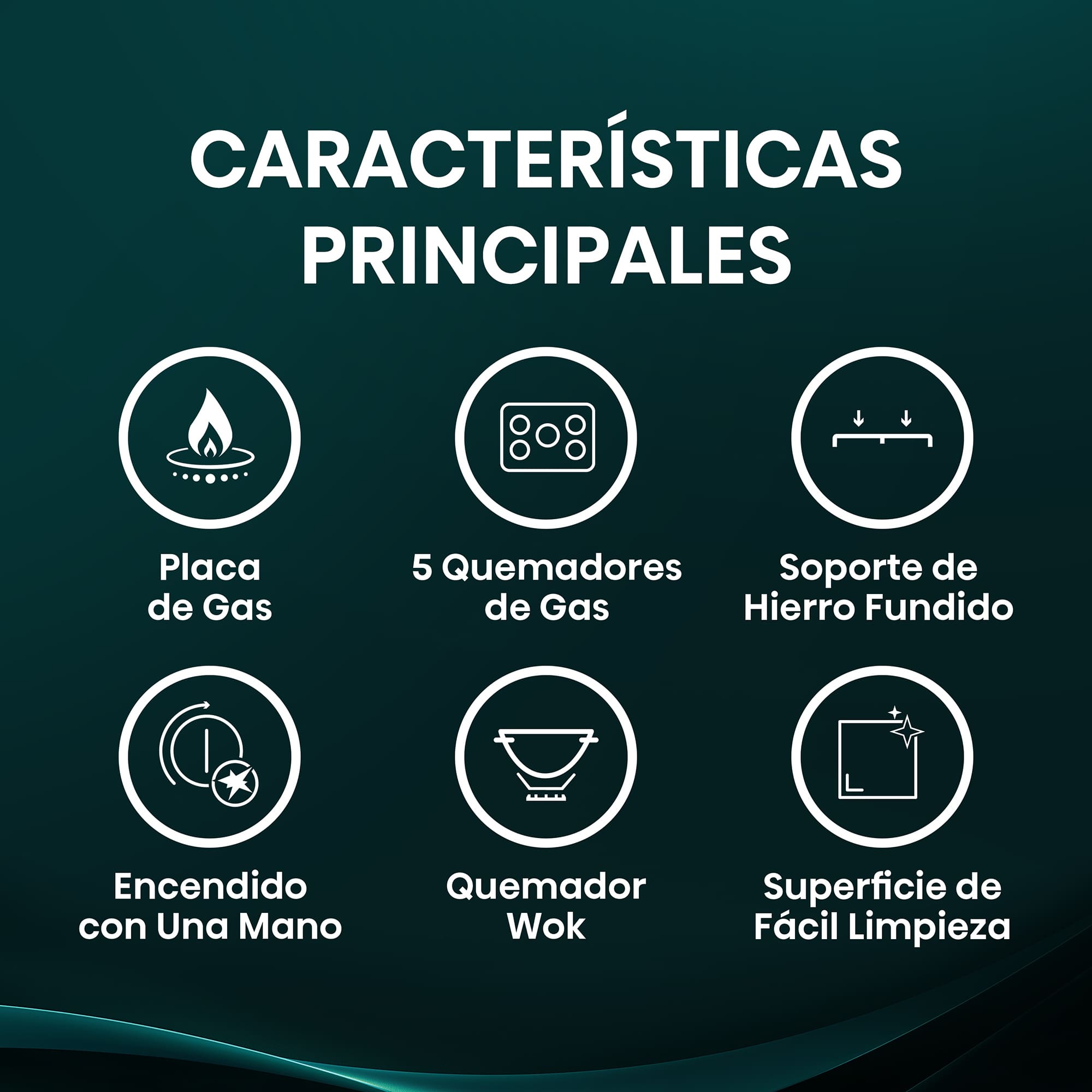 Hisense - GG773B – Placa Gas, 5 Zonas, Potencia 1000W, Color Cristal Negro