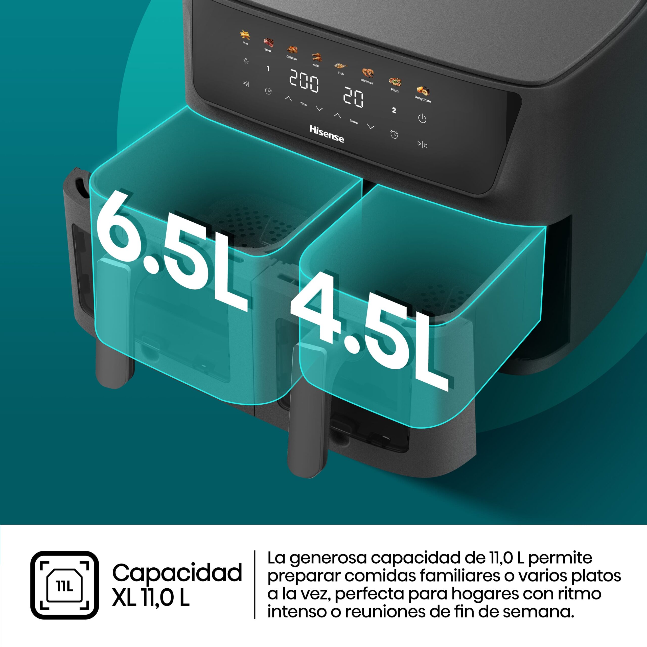 Hisense - Hisense HAF2700DCD Freidora de Aire Doble Cesta 11 L