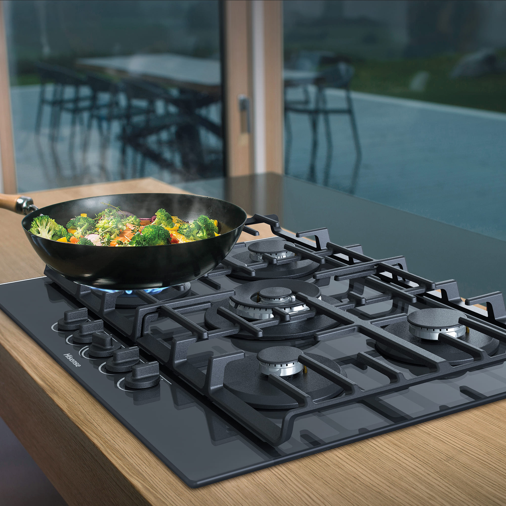 Hisense - GG773B – Placa Gas, 5 Zonas, Potencia 1000W, Color Cristal Negro
