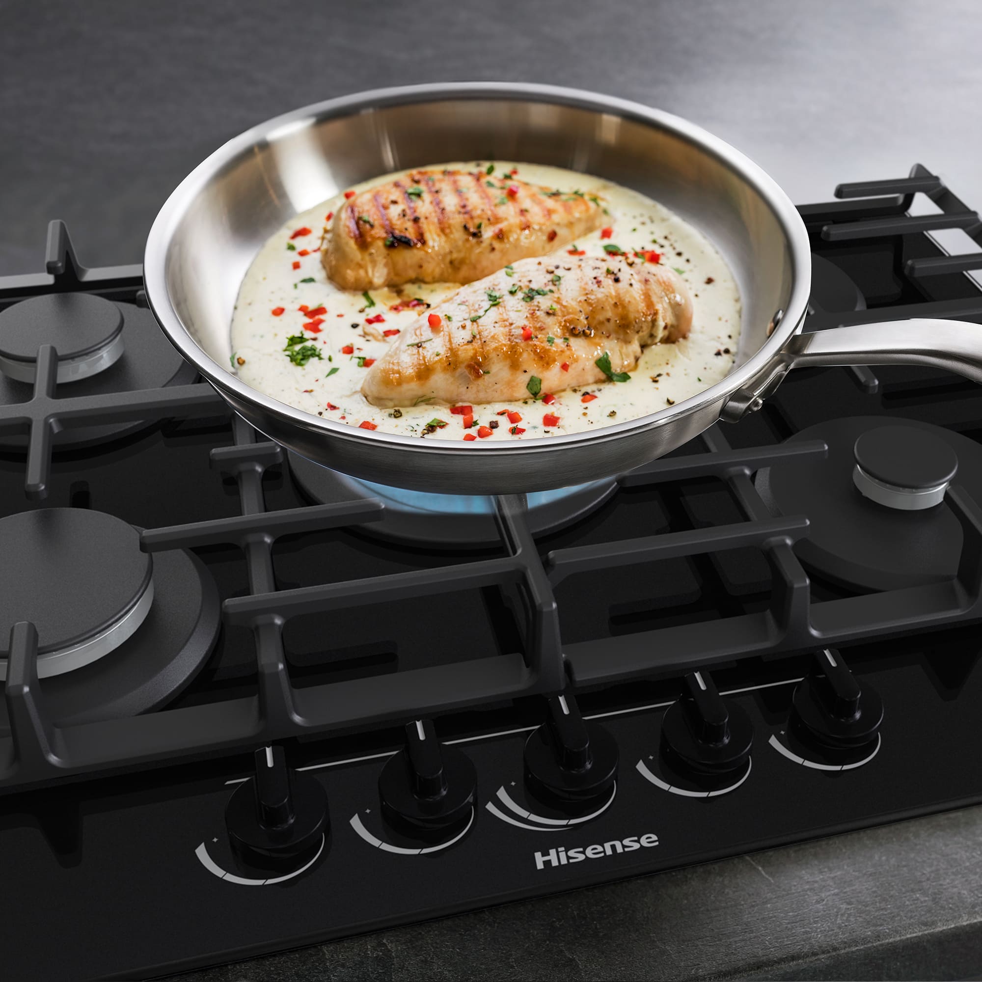 Hisense - GG773B – Placa Gas, 5 Zonas, Potencia 1000W, Color Cristal Negro