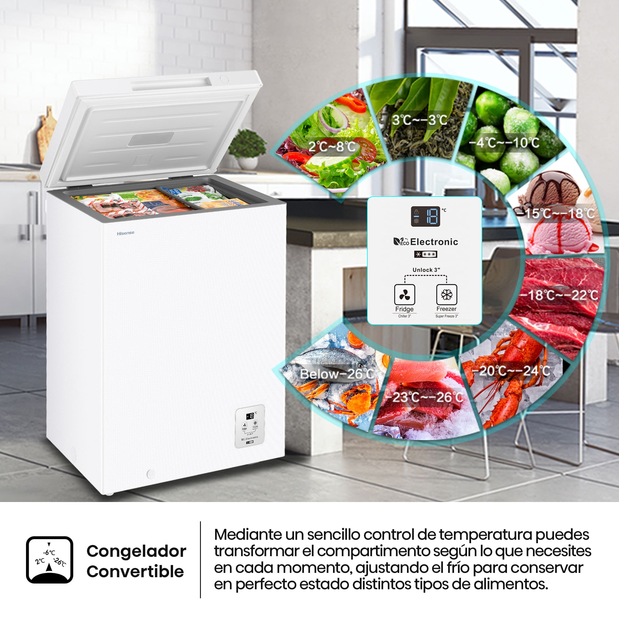 Hisense - FT100N1AWDL – Arcón Congelador, Clase D, Capacidad 97L, Color Blanco