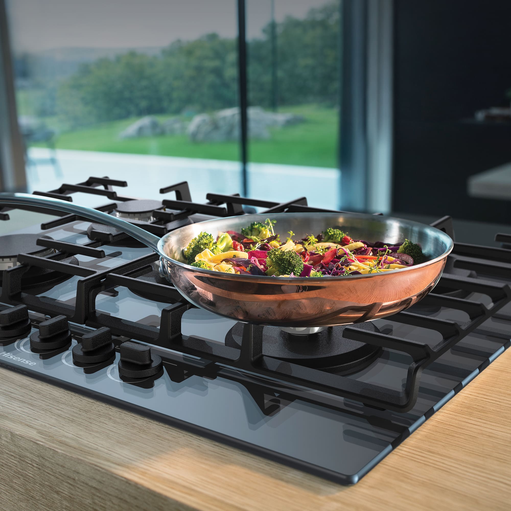 Hisense - GG773B – Placa Gas, 5 Zonas, Potencia 1000W, Color Cristal Negro