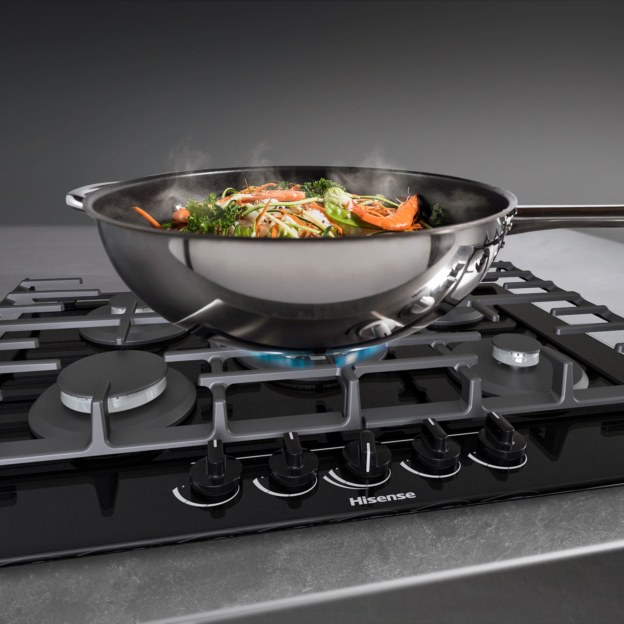 Hisense - GG773B – Placa Gas, 5 Zonas, Potencia 1000W, Color Cristal Negro