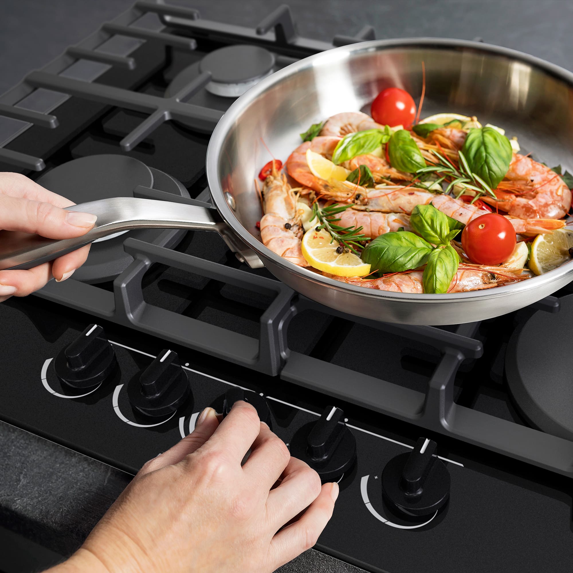 Hisense - GG773B – Placa Gas, 5 Zonas, Potencia 1000W, Color Cristal Negro