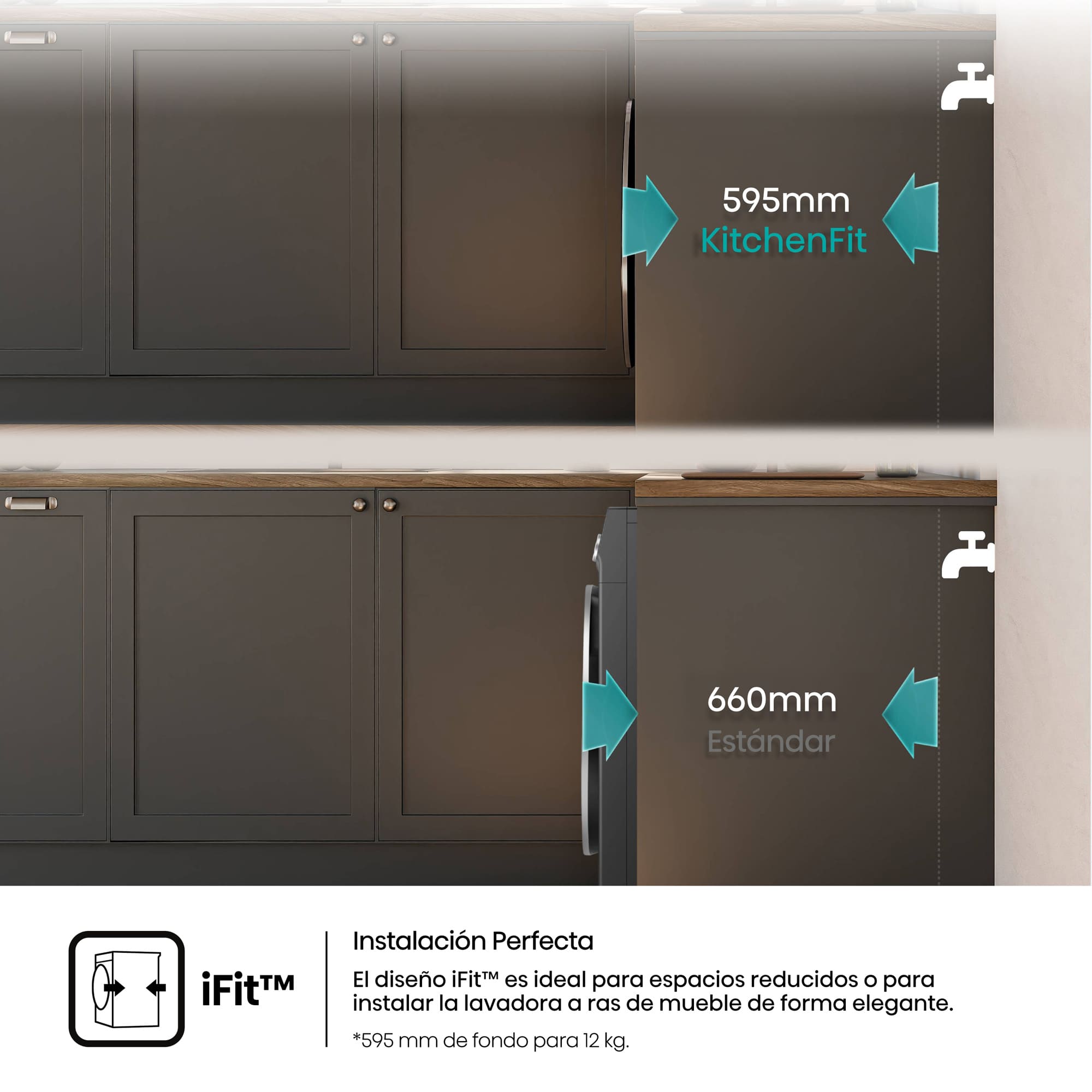 Hisense - WD5I1245BBRH – Lavasecadora De Libre Instalación Kitchen Fit, Clase A, 12 kg/8 kg, 1400 rpm, Color Negro