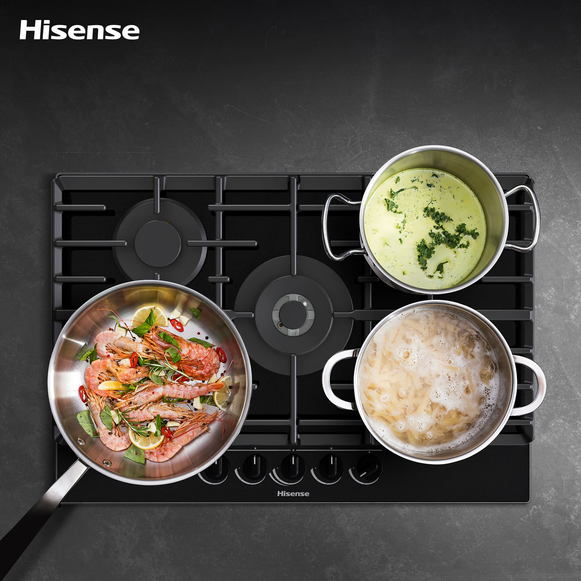 Hisense - GG773B – Placa Gas, 5 Zonas, Potencia 1000W, Color Cristal Negro