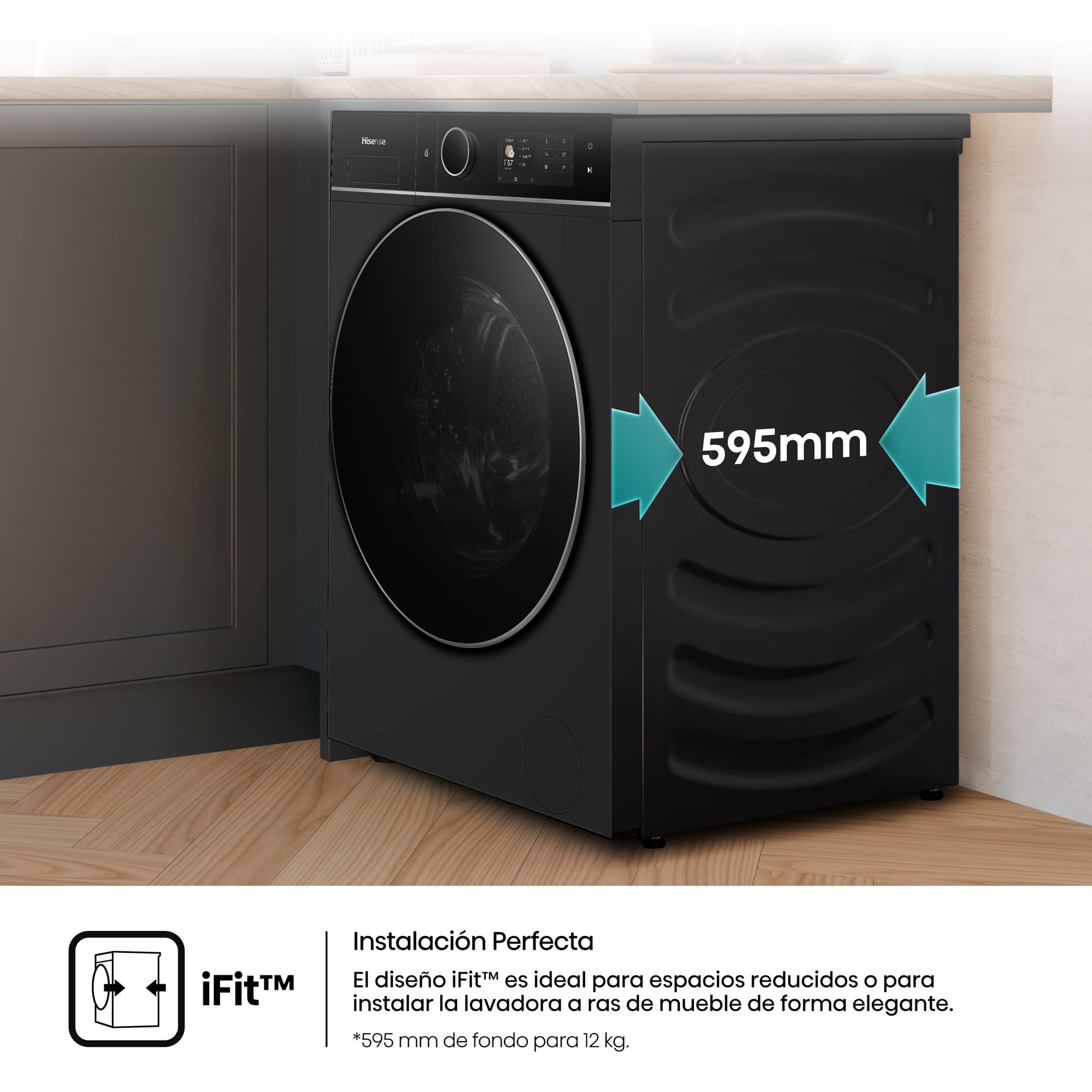 Hisense - WD5I1245BBRH – Lavasecadora De Libre Instalación Kitchen Fit, Clase A, 12 kg/8 kg, 1400 rpm, Color Negro