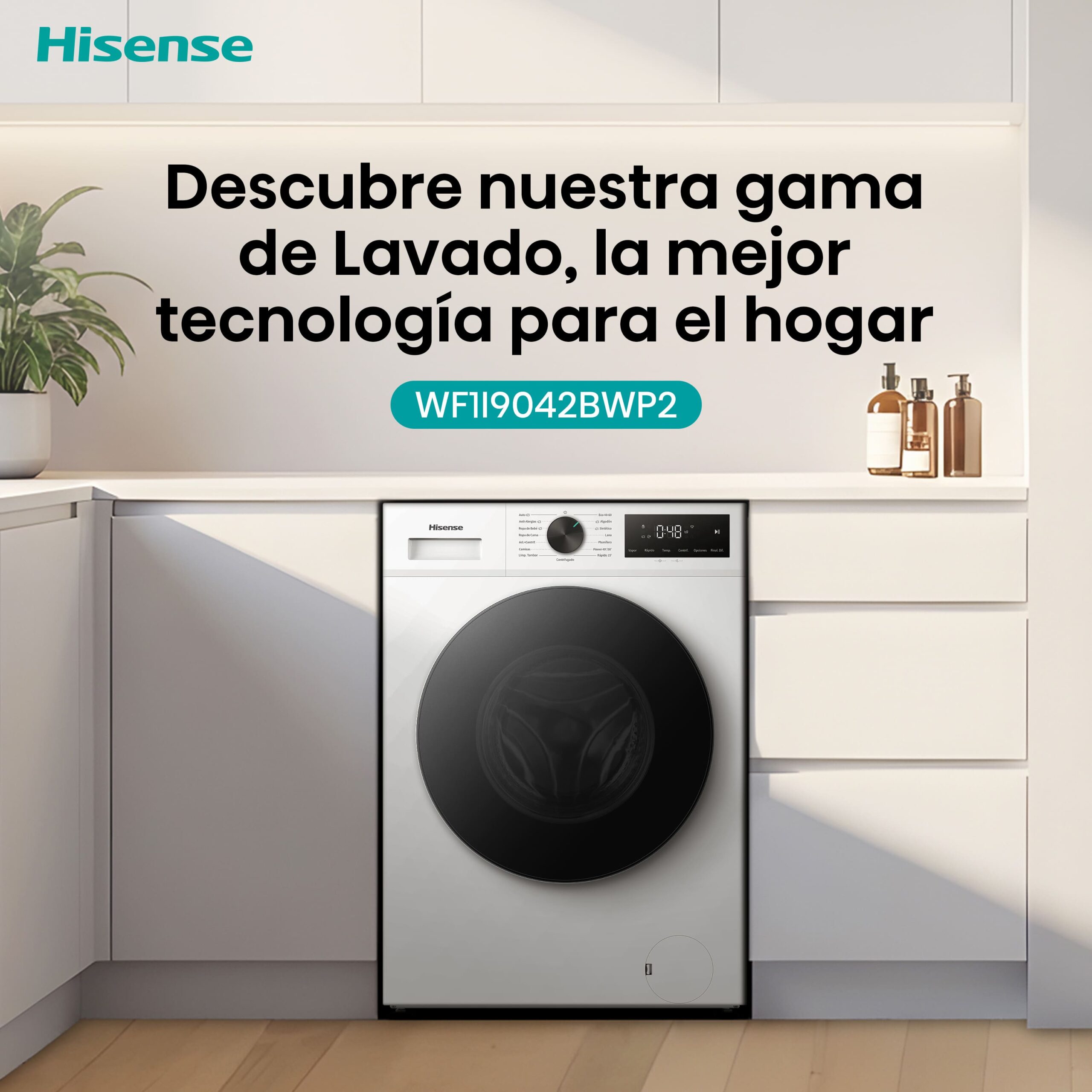 Hisense - WF1I9042BWP2 – Lavadora De Libre Instalación, Clase A, 9 Kg, 1400 rpm, Blanco