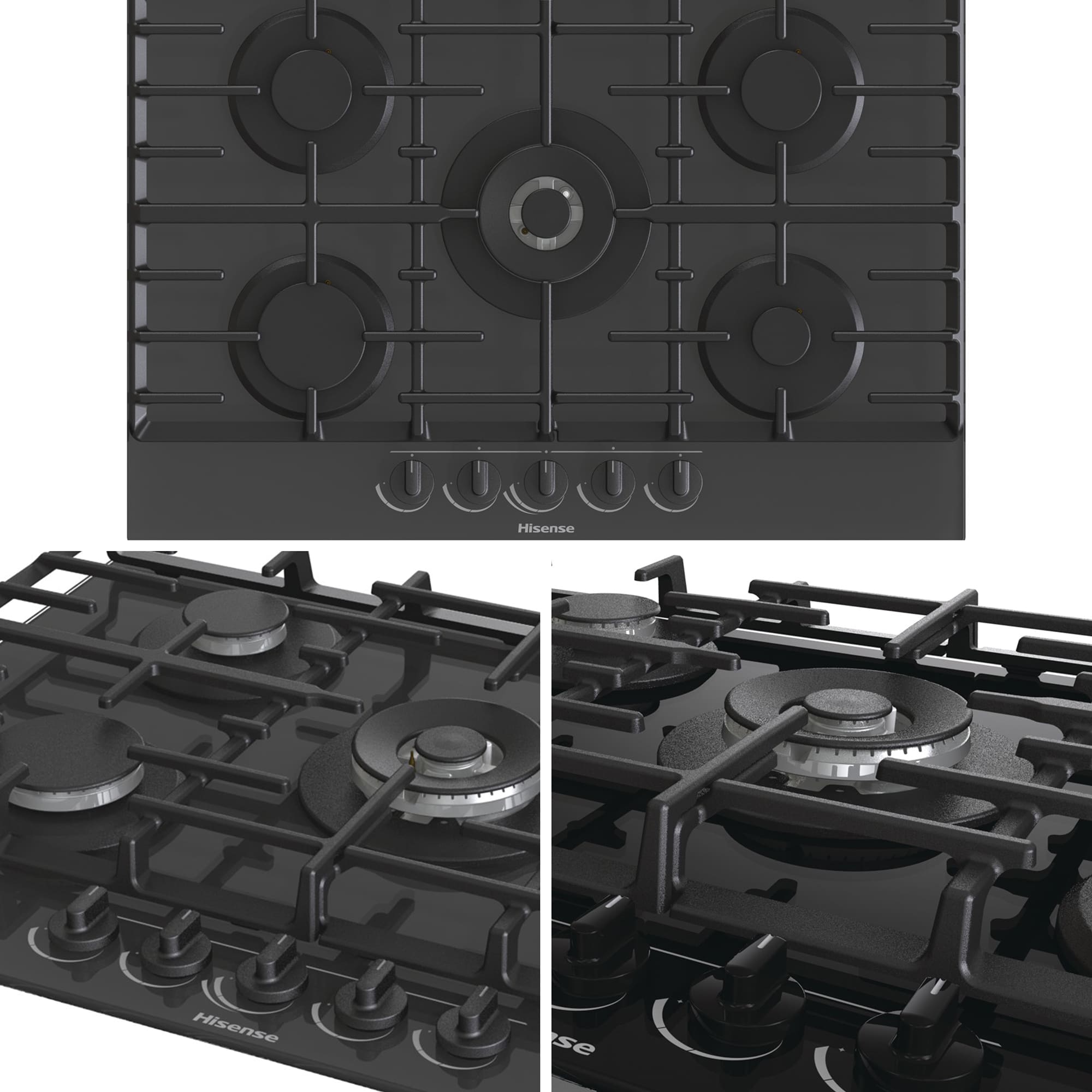 Hisense - GG773B – Placa Gas, 5 Zonas, Potencia 1000W, Color Cristal Negro