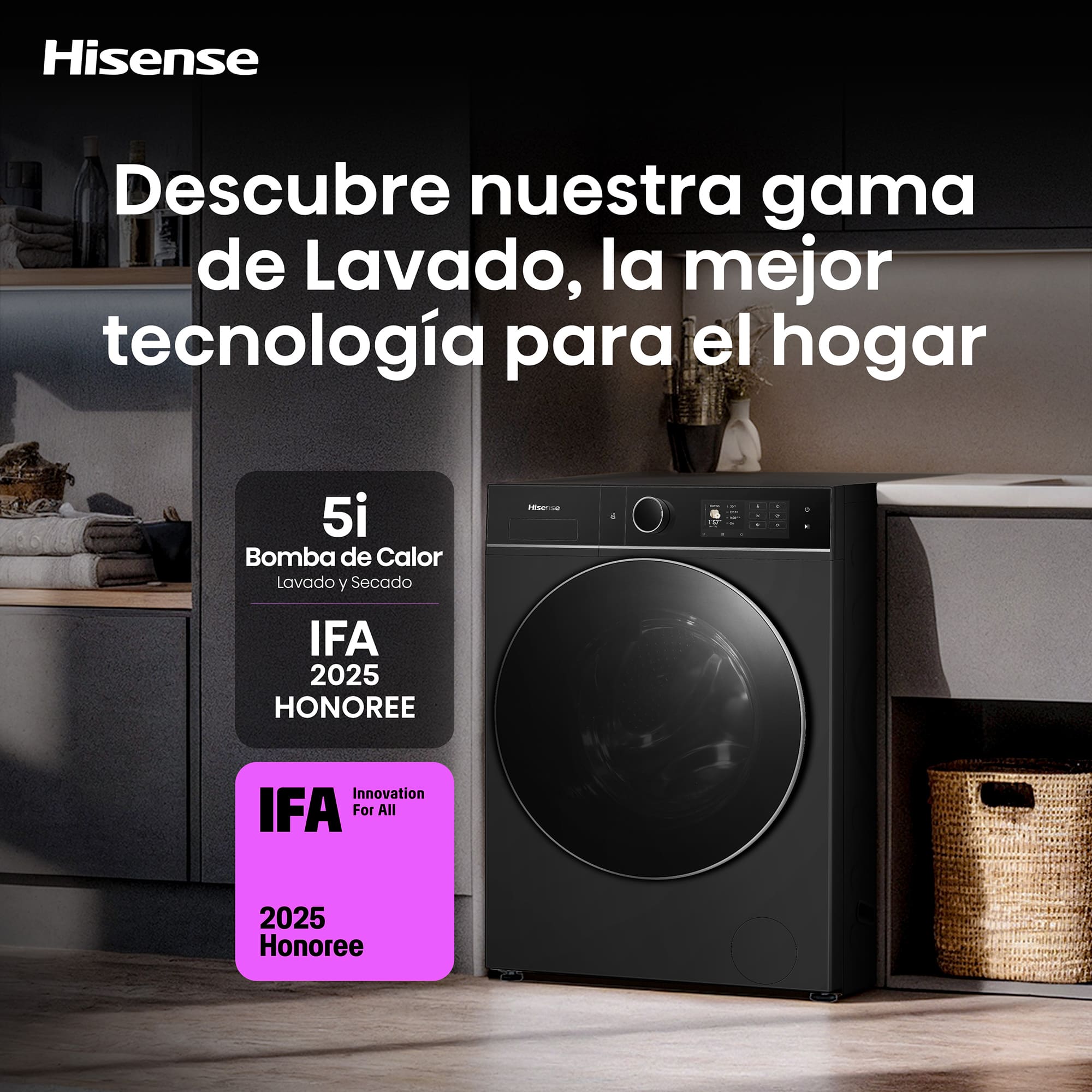 Hisense - WD5I1245BBRH – Lavasecadora De Libre Instalación Kitchen Fit, Clase A, 12 kg/8 kg, 1400 rpm, Color Negro