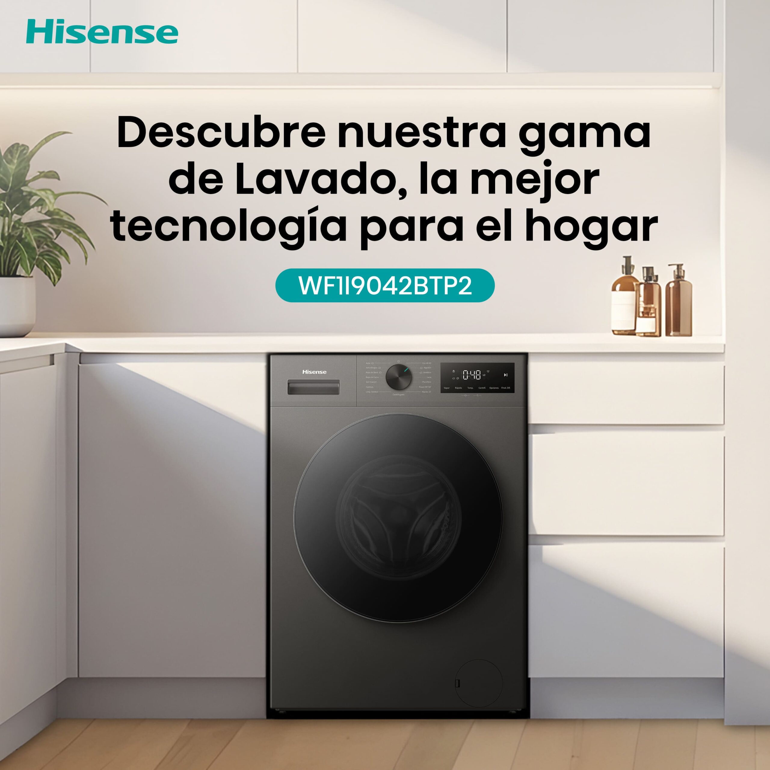 Hisense - WF1I9042BTP2 – Lavadora De Libre Instalación, Clase A, 9 Kg, 1400 rpm, Inox