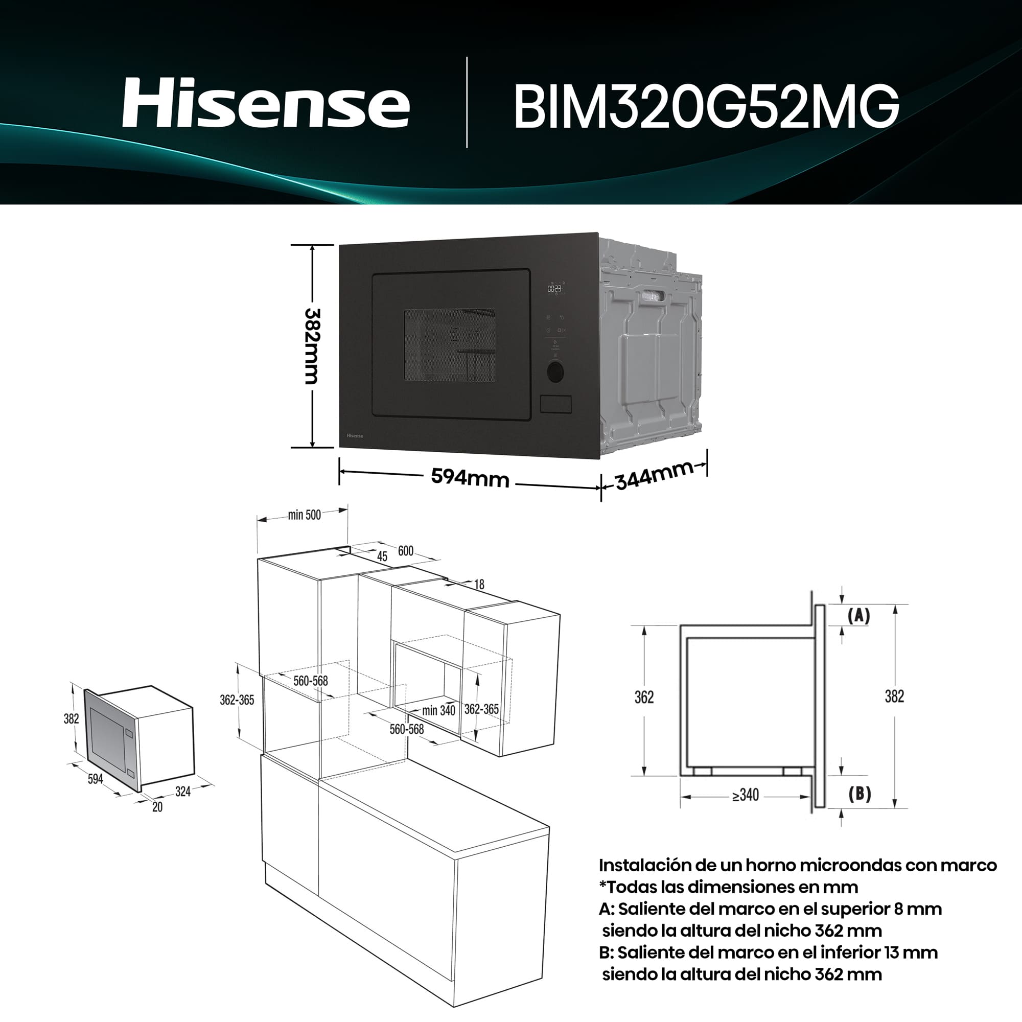Hisense - BIM320G52MG – Microondas De Integración, Capacidad 20L, Color Negro Mate