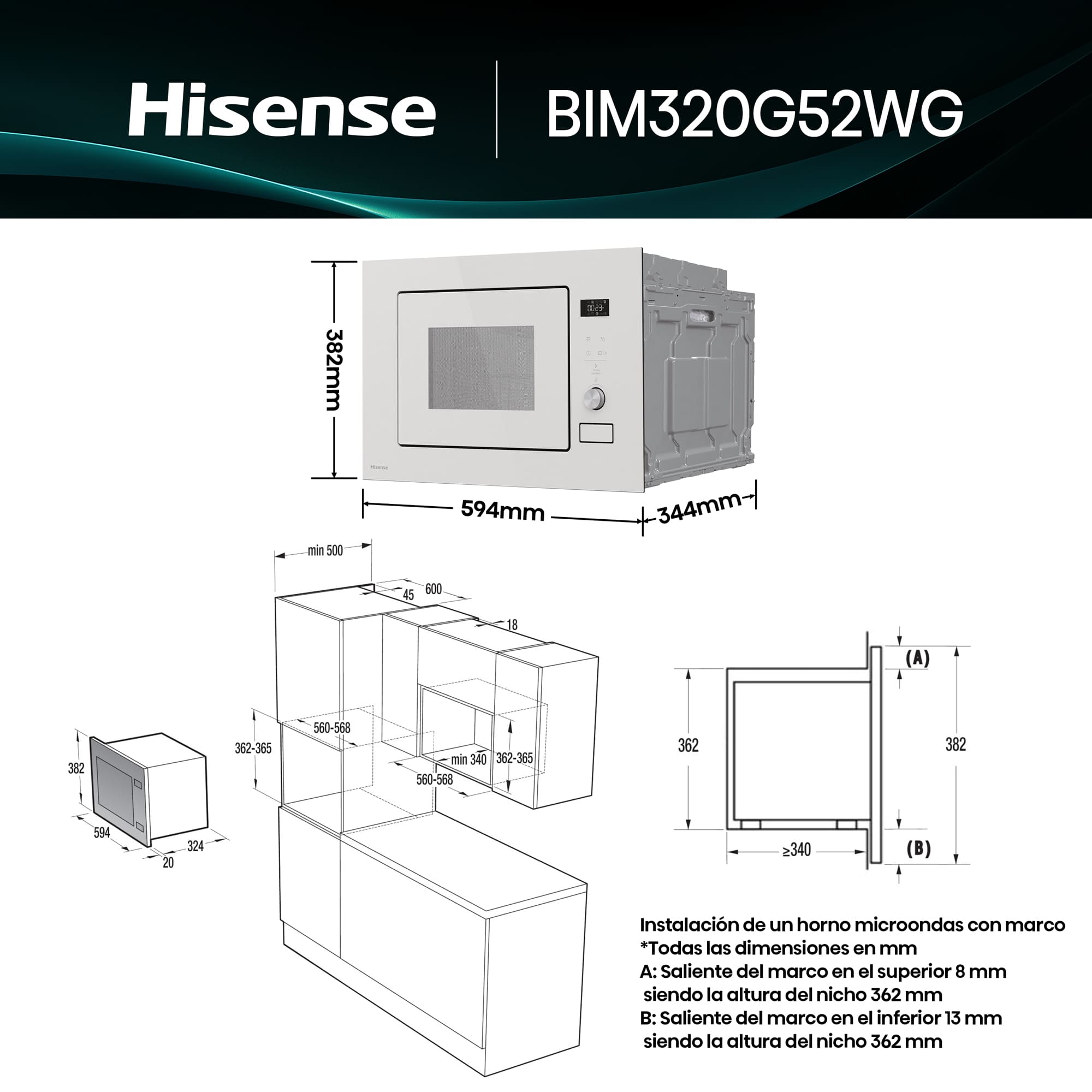 Hisense - BIM320G52WG – Microondas De Integración, Capacidad 20L, Color Cristal Blanco