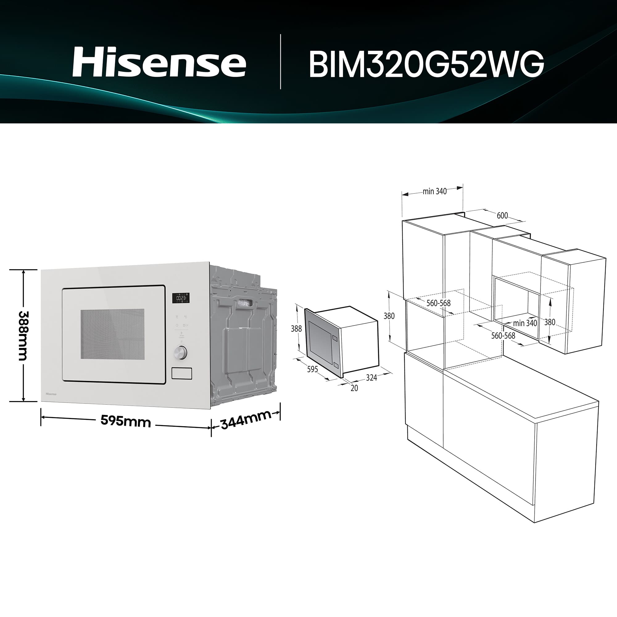Hisense - BIM320G52WG – Microondas De Integración, Capacidad 20L, Color Cristal Blanco