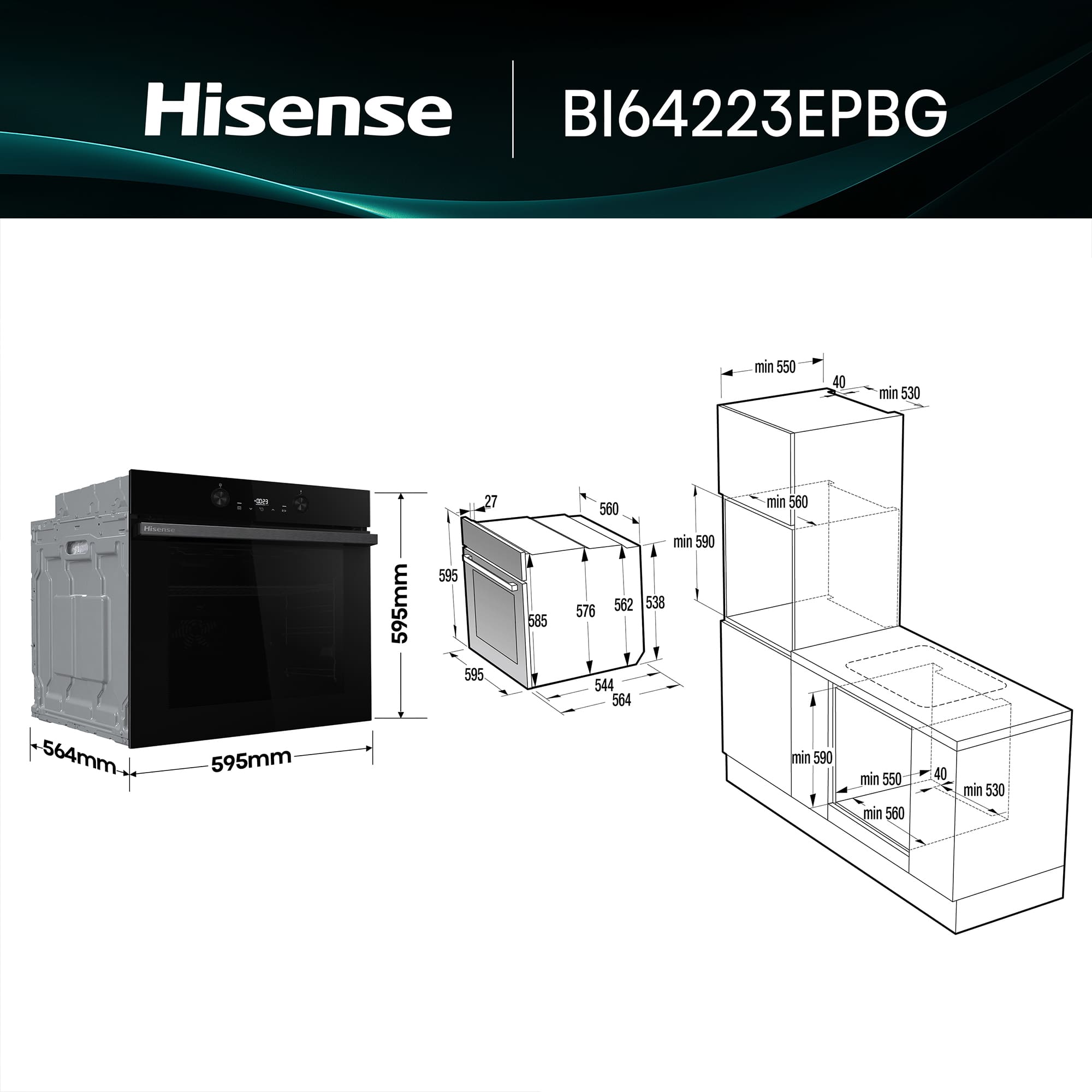 Hisense - BI64223EPBG – Horno Pirolítico, Clase A++, Capacidad 78L, Color Cristal Negro
