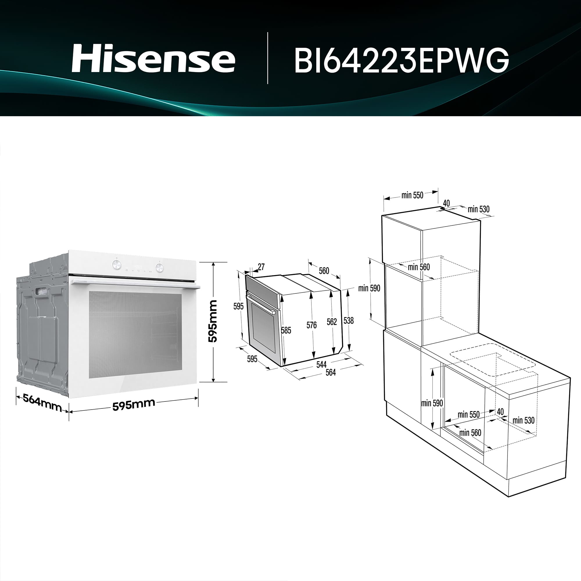 Hisense - BI64223EPWG – Horno Pirolítico, Clase A++, Capacidad 78L, Color Cristal Blanco