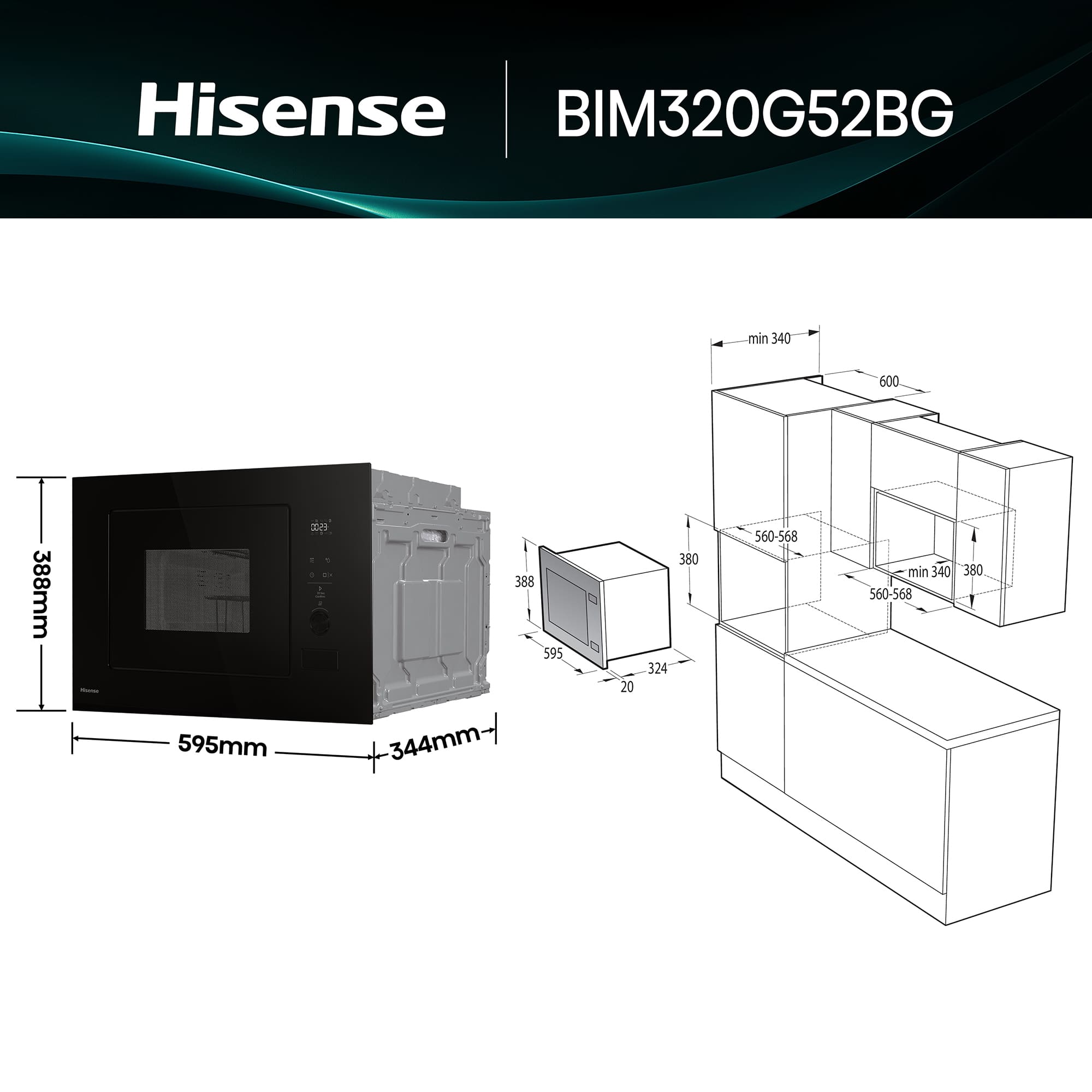 Hisense - BIM320G52BG – Microondas De Integración, Capacidad 20L, Color Cristal Negro