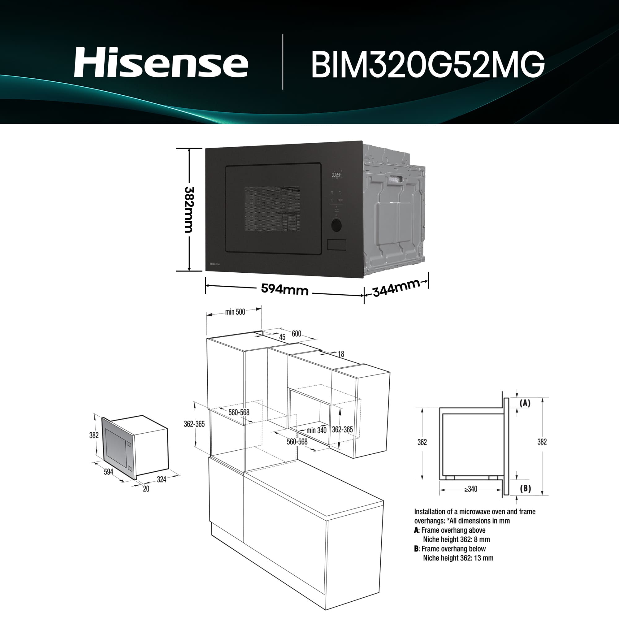 Hisense - BIM320G52MG – Microondas De Integración, Capacidad 20L, Color Negro Mate