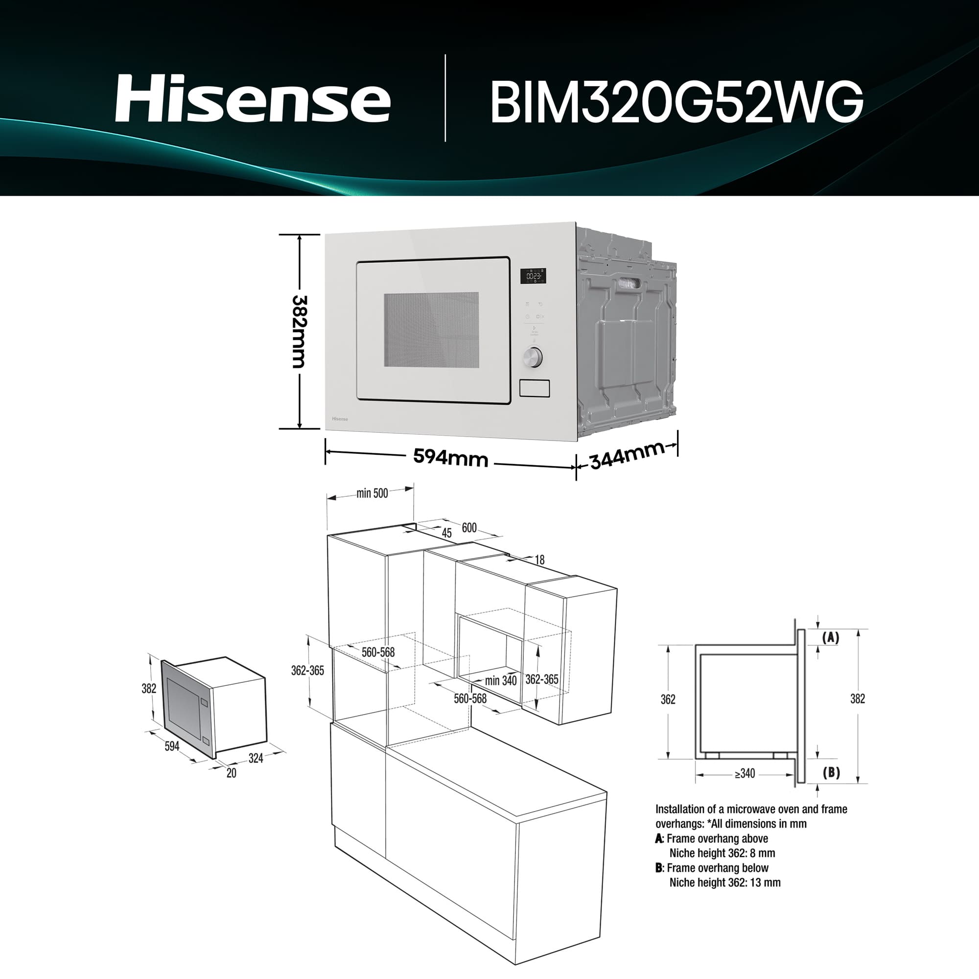 Hisense - BIM320G52WG – Microondas De Integración, Capacidad 20L, Color Cristal Blanco