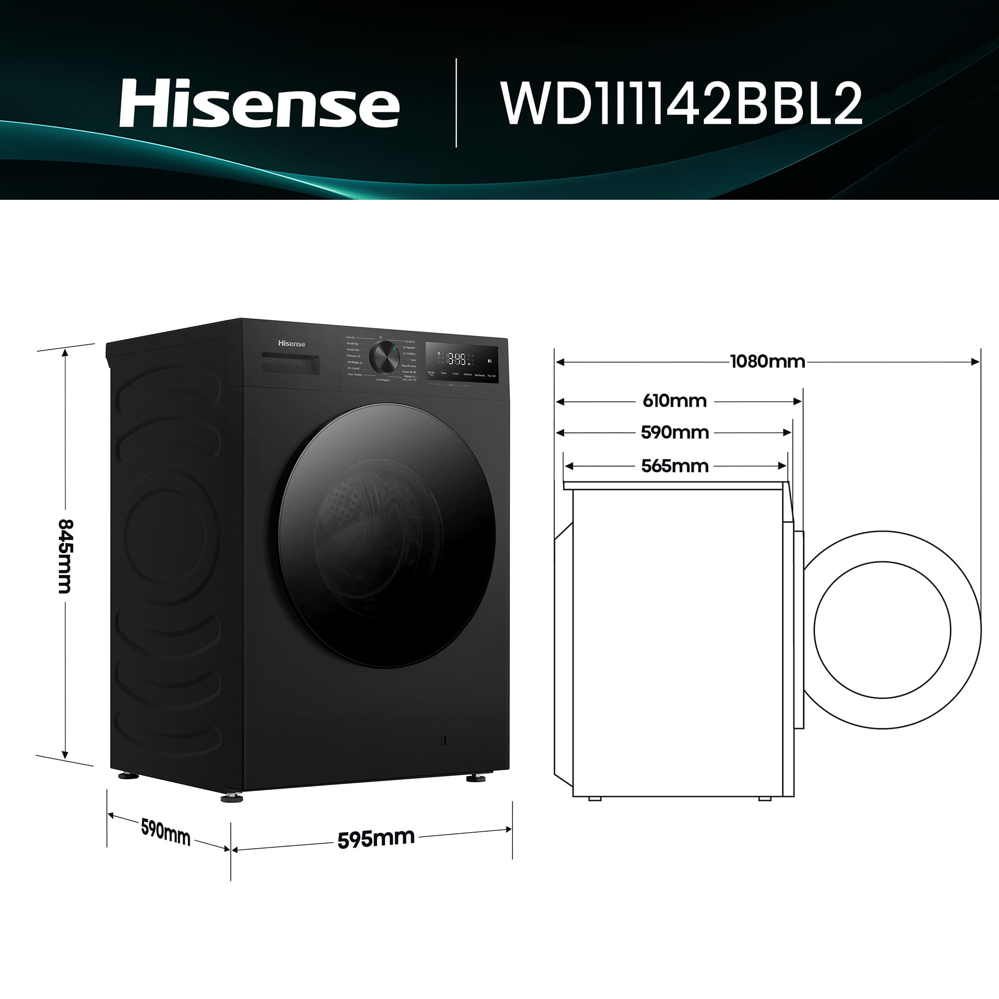 Hisense - WD1I1142BBL2 – Lavasecadora De Libre Instalación, Clase D, Capacidad 11 kg/7 kg, 1400 rpm, Color Negro