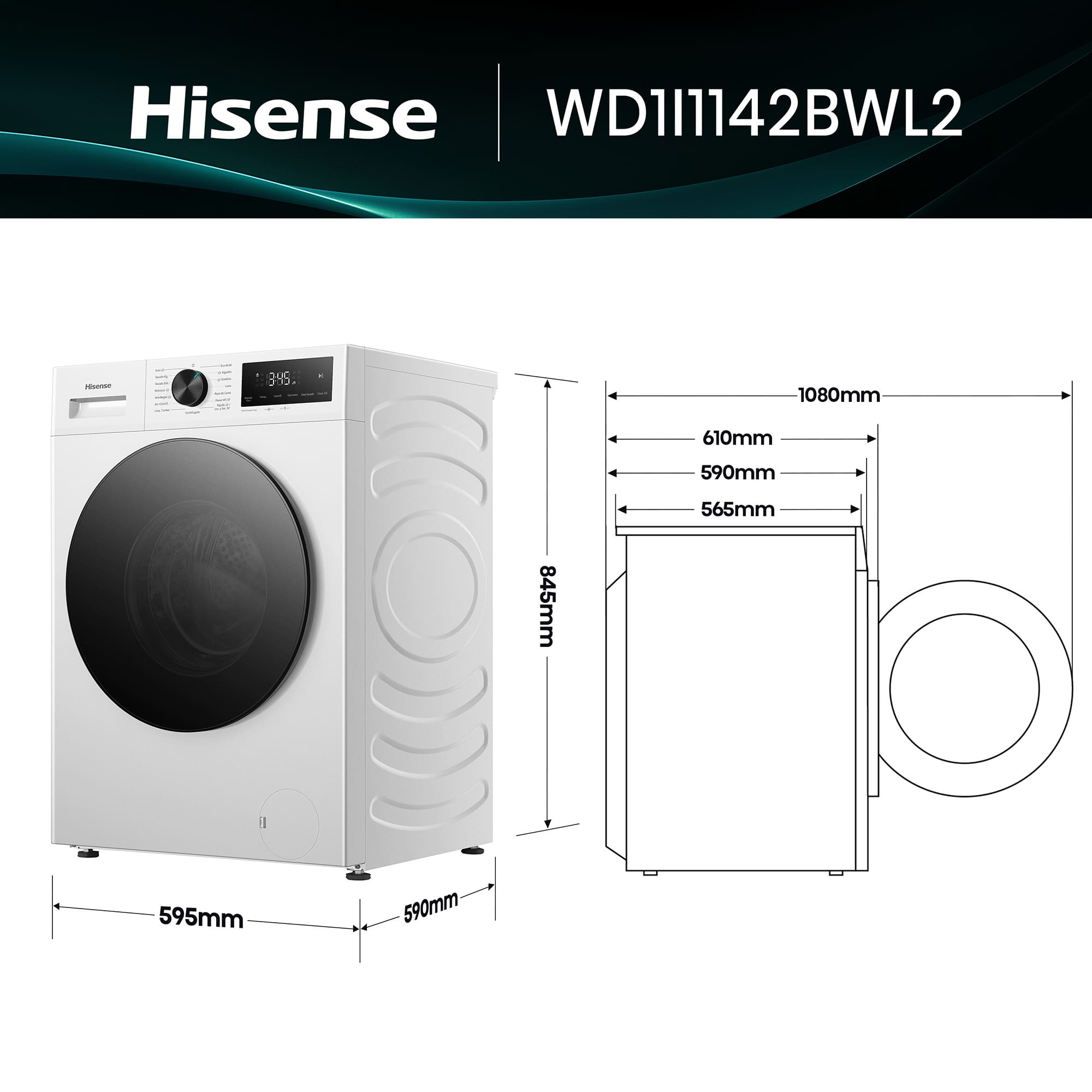 Hisense - WD1I1142BWL2 – Lavasecadora De Libre Instalación, Clase D, Capacidad 11 kg/7 kg, 1400 rpm, Color Blanco