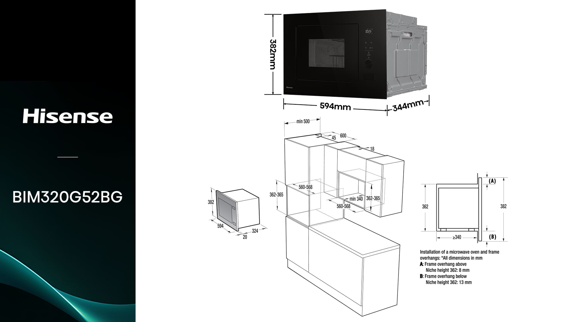 Imagen flixmedia de medidas de instalación del Microondas De Integración Hisense BIM320G52BG