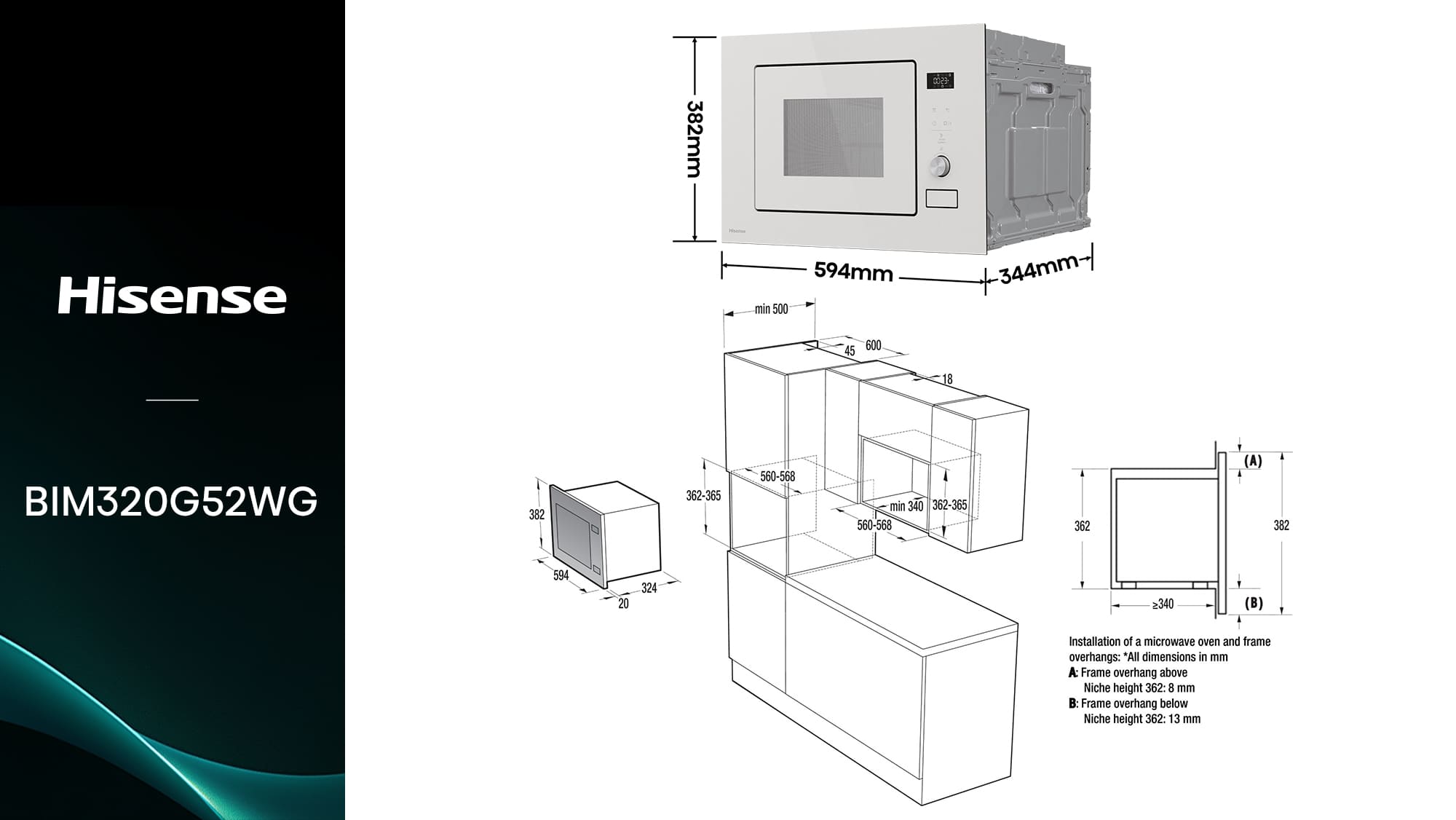 Imagen flixmedia de medidas de instalación del Microondas De Integración Hisense BIM320G52WG