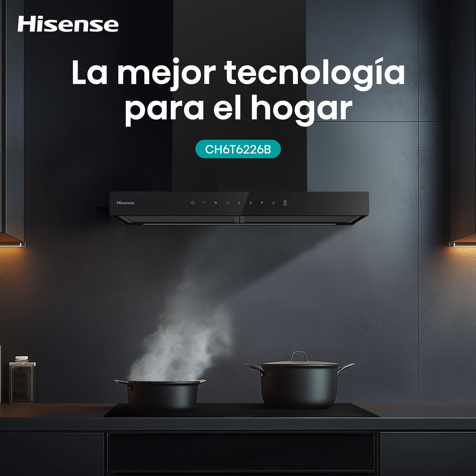 Hisense - CH6T6226B – Campana T Invertida 60Cm, Clase A+, Capacidad 446M³/H, Color Negro