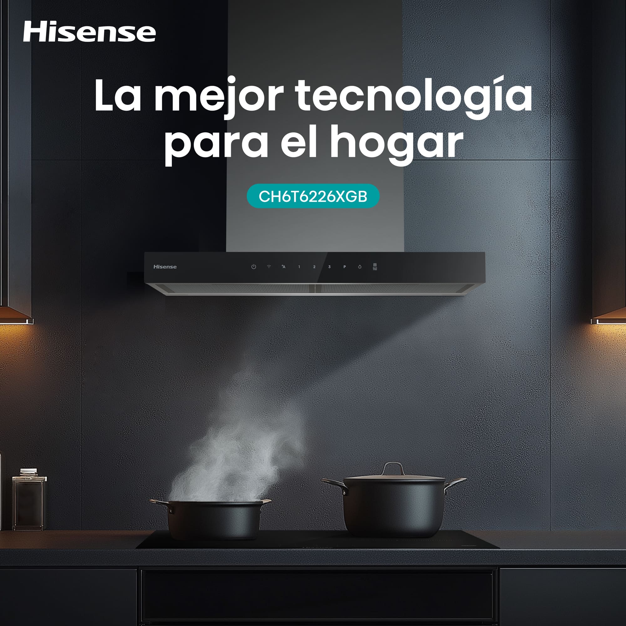 Hisense - CH6T6226XGB – Campana T Invertida 60Cm, Clase A+, Capacidad 446M³/H, Color Inox