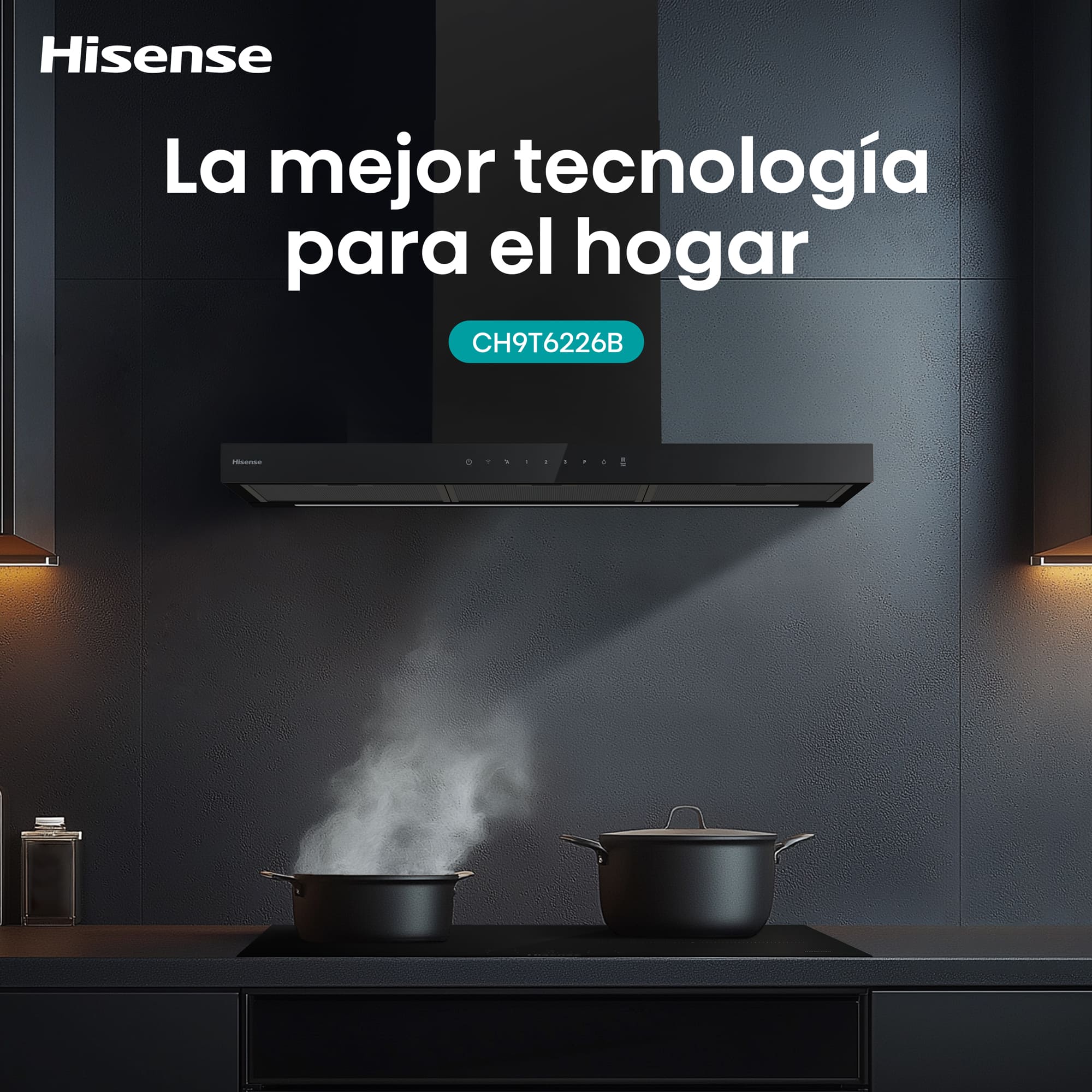 Hisense - CH9T6226B – Campana T Invertida 90Cm, Clase A+, Capacidad 446M³/H, Color Negro