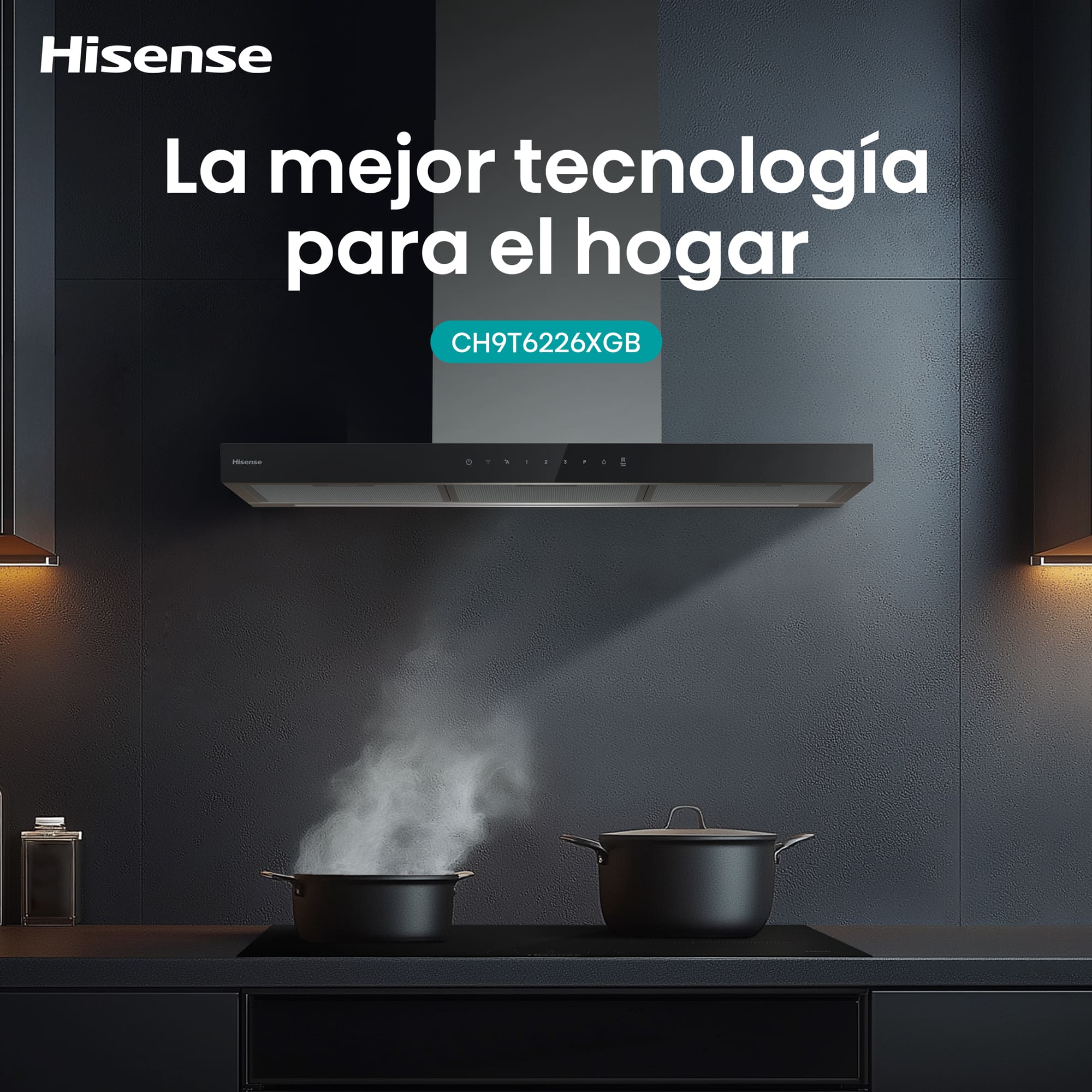 Hisense - CH9T6226XGB – Campana T Invertida 90Cm, Clase A+, Capacidad 446M³/H, Color Inox