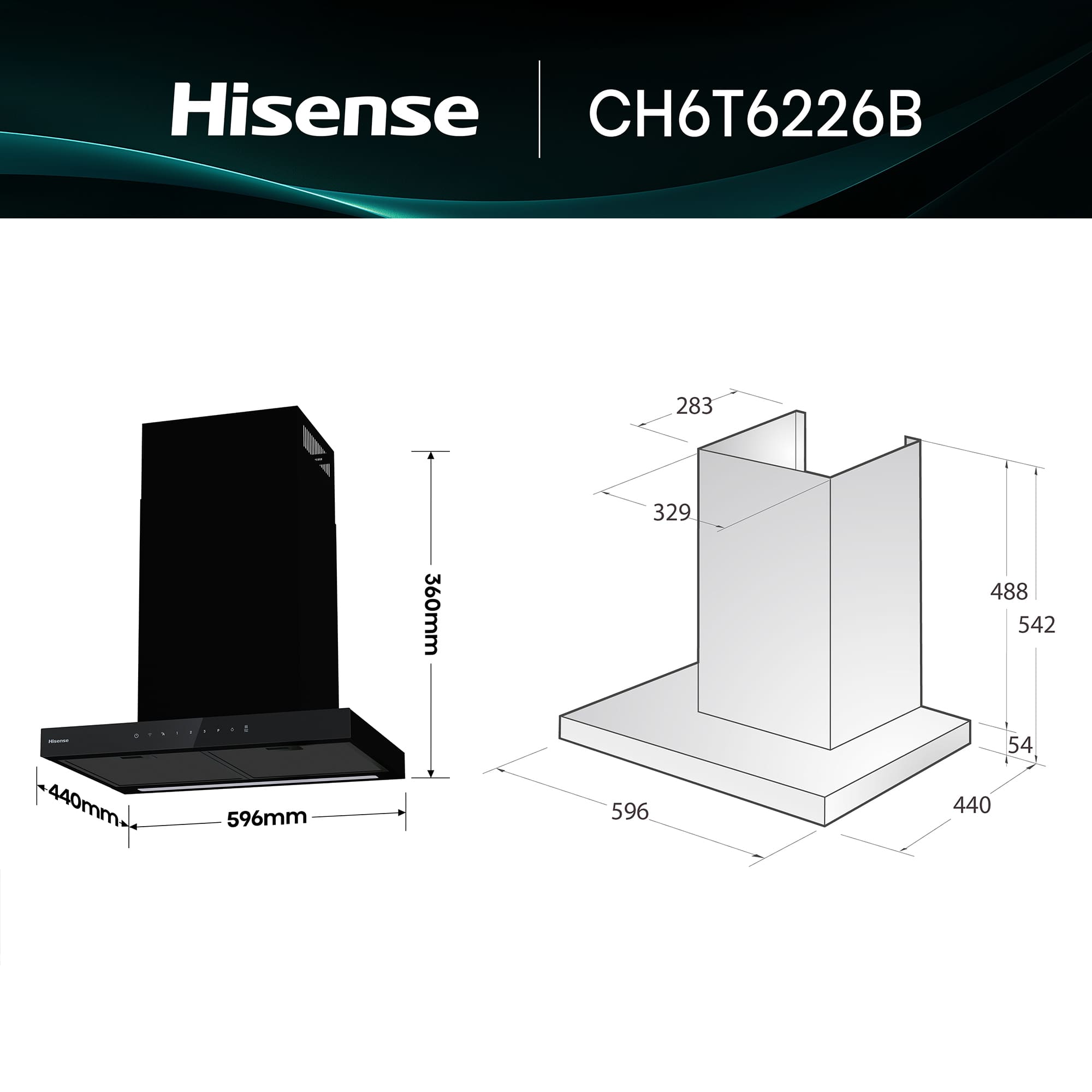 Hisense - CH6T6226B – Campana T Invertida 60Cm, Clase A+, Capacidad 446M³/H, Color Negro