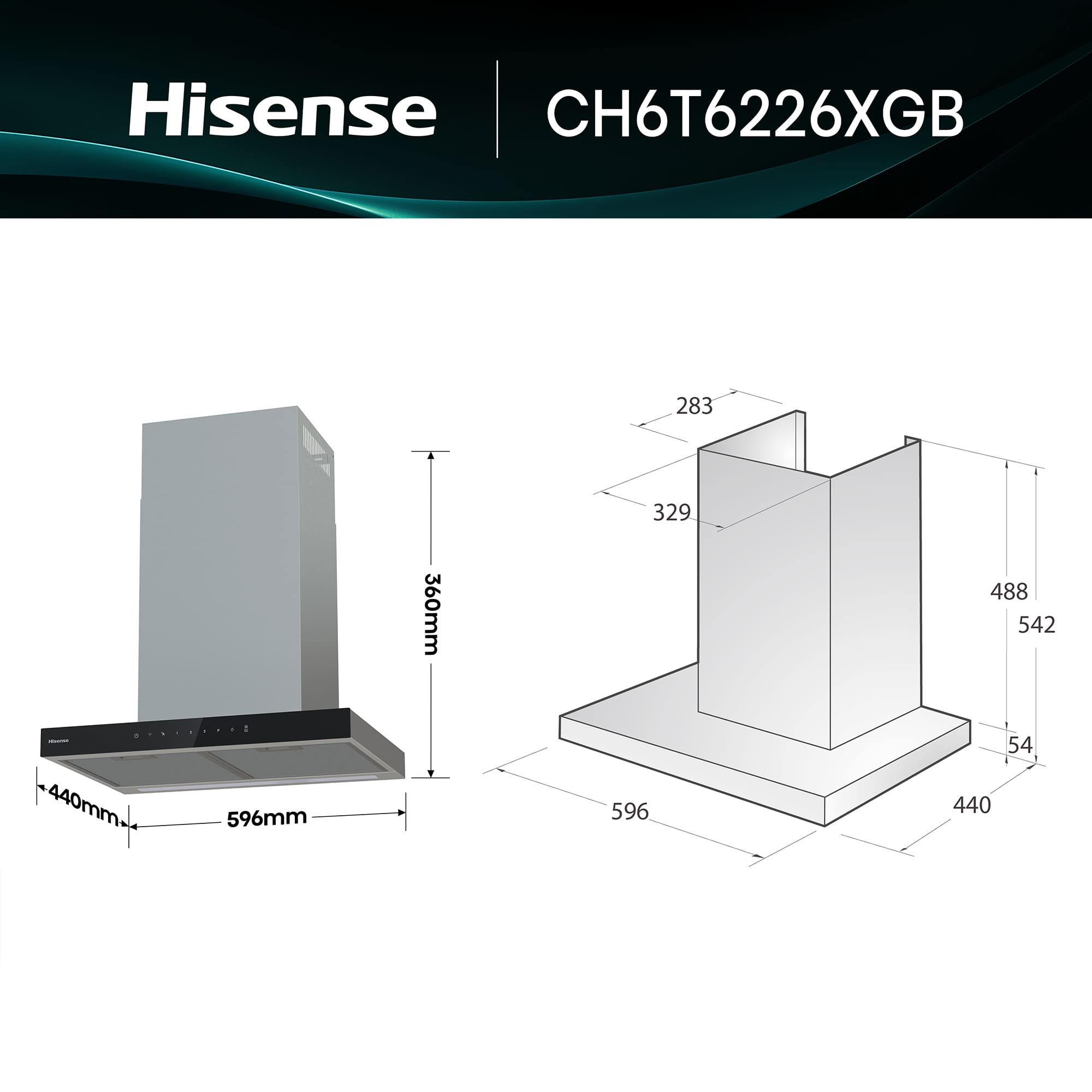 Hisense - CH6T6226XGB – Campana T Invertida 60Cm, Clase A+, Capacidad 446M³/H, Color Inox