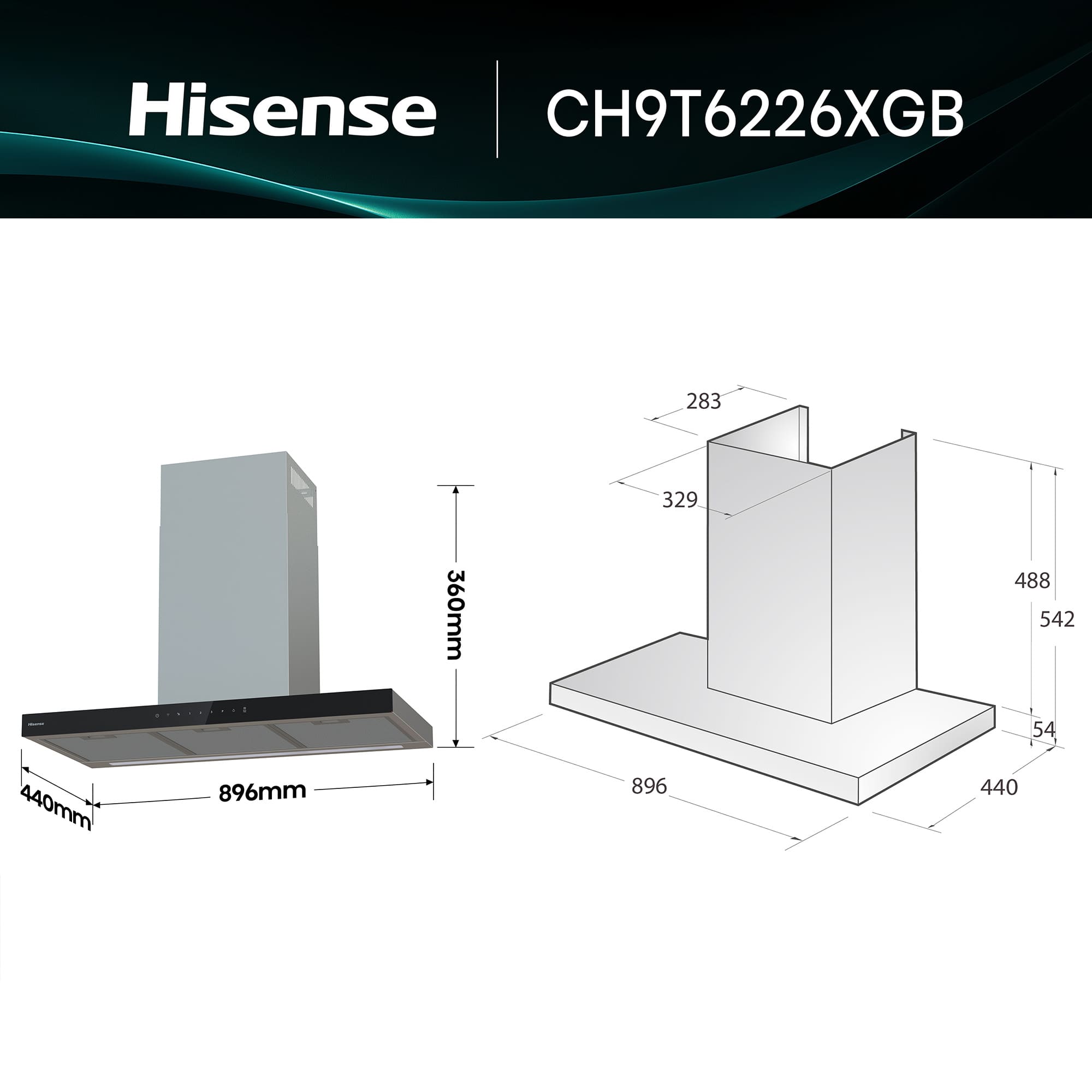 Hisense - CH9T6226XGB – Campana T Invertida 90Cm, Clase A+, Capacidad 446M³/H, Color Inox
