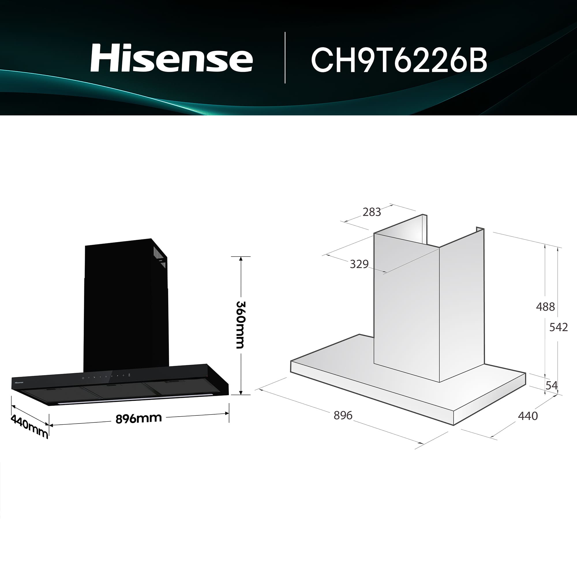 Hisense - CH9T6226B – Campana T Invertida 90Cm, Clase A+, Capacidad 446M³/H, Color Negro