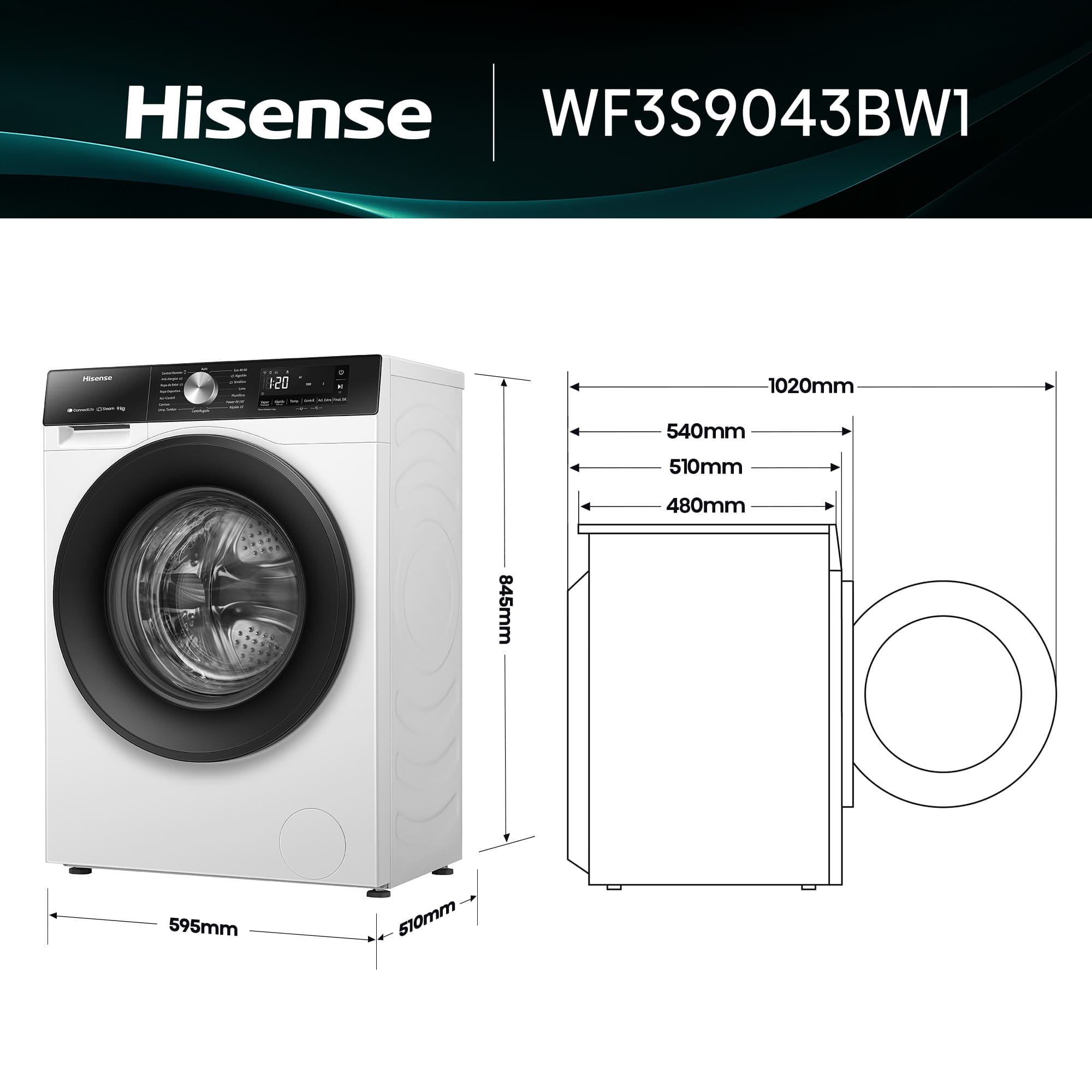 Hisense - WF3S9043BW1 – Lavadora De Libre Instalación, A-10%, 9 Kg, 1400 rpm, Blanco