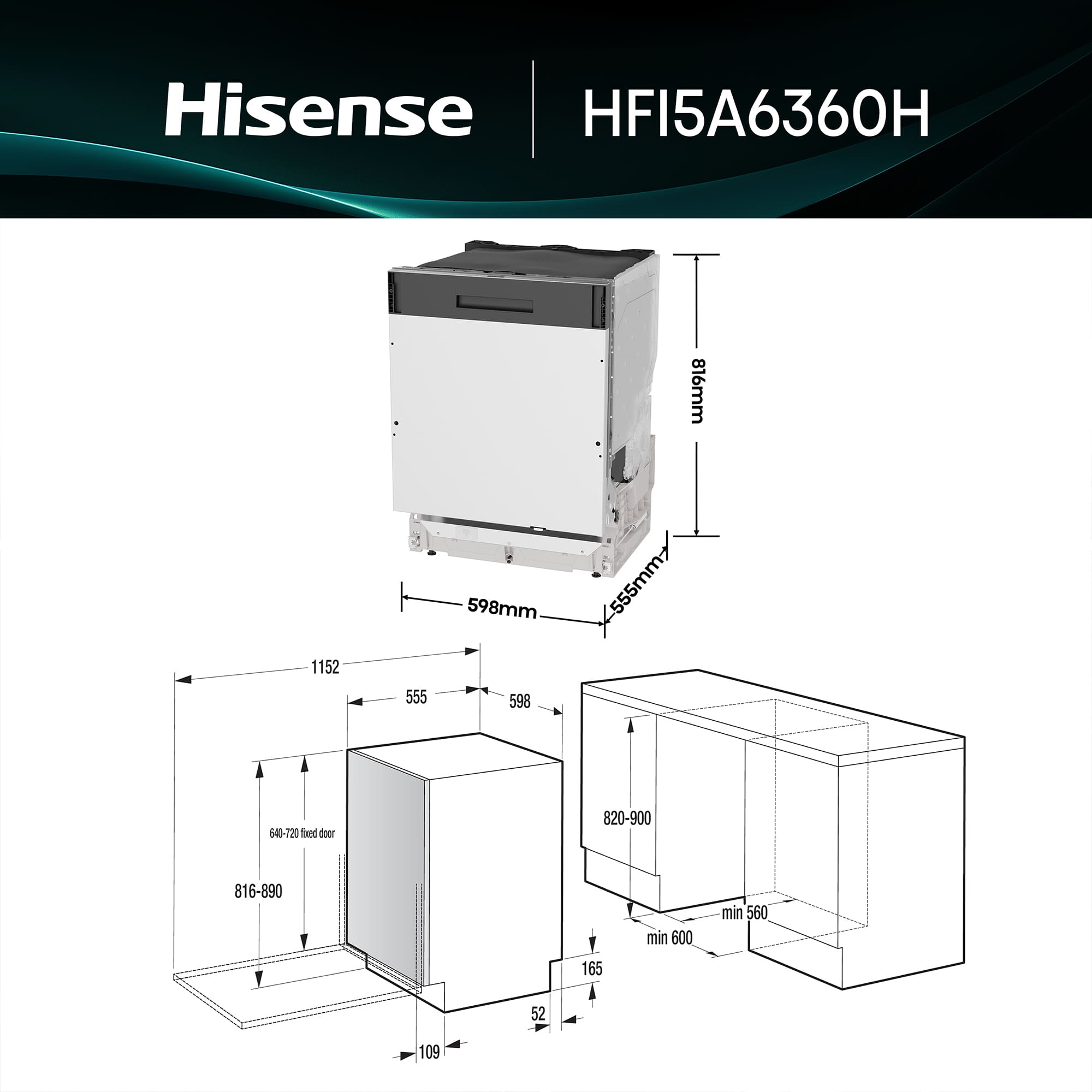 Hisense - HFI5A6360H – Lavavajillas 60Cm De Encastre, Clase A, Capacidad 16 Serv.